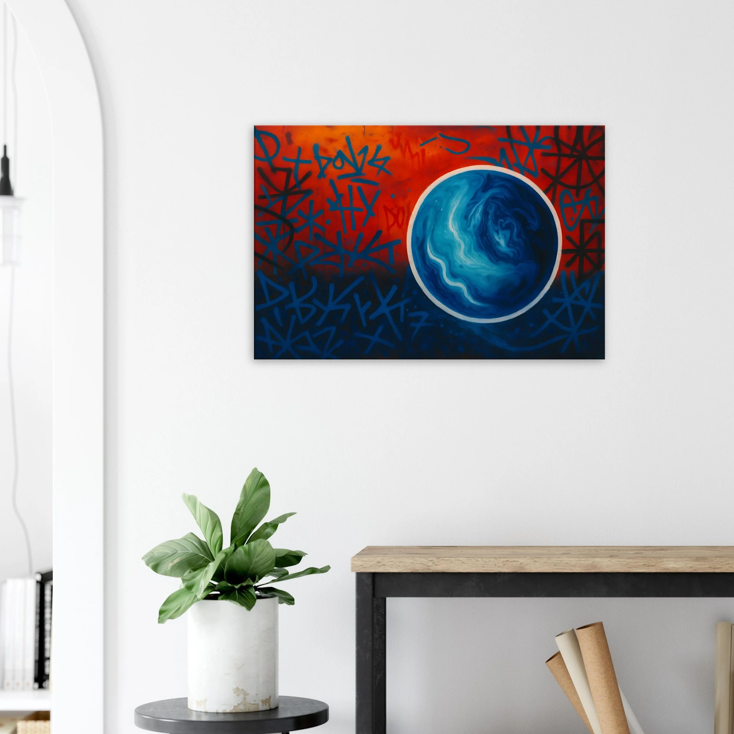 Abstract graffiti-style artwork with a large blue circle resembling a planet or moon on a backdrop of red, orange, and dark blue with graffiti tags.