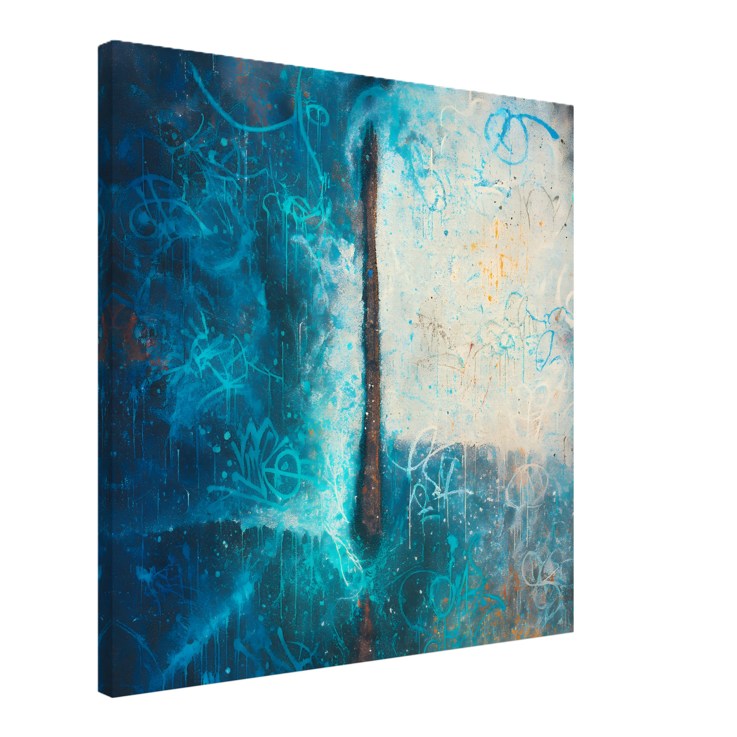 A textured canvas with abstract graffiti art in blue, white, and orange colors.