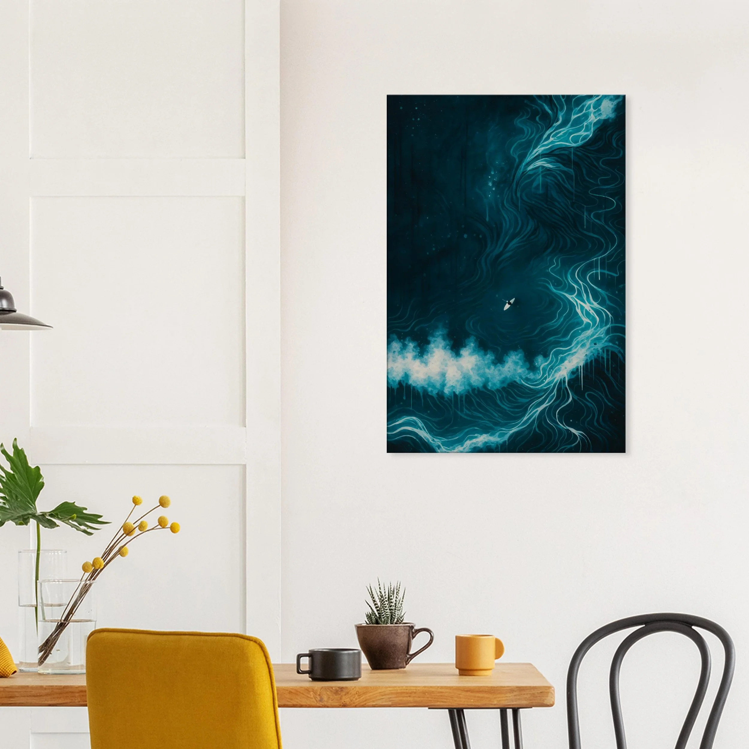 Modern living room corner with a colorful abstract ocean-themed wall art, a wooden table with plants, cups, and a yellow chair.