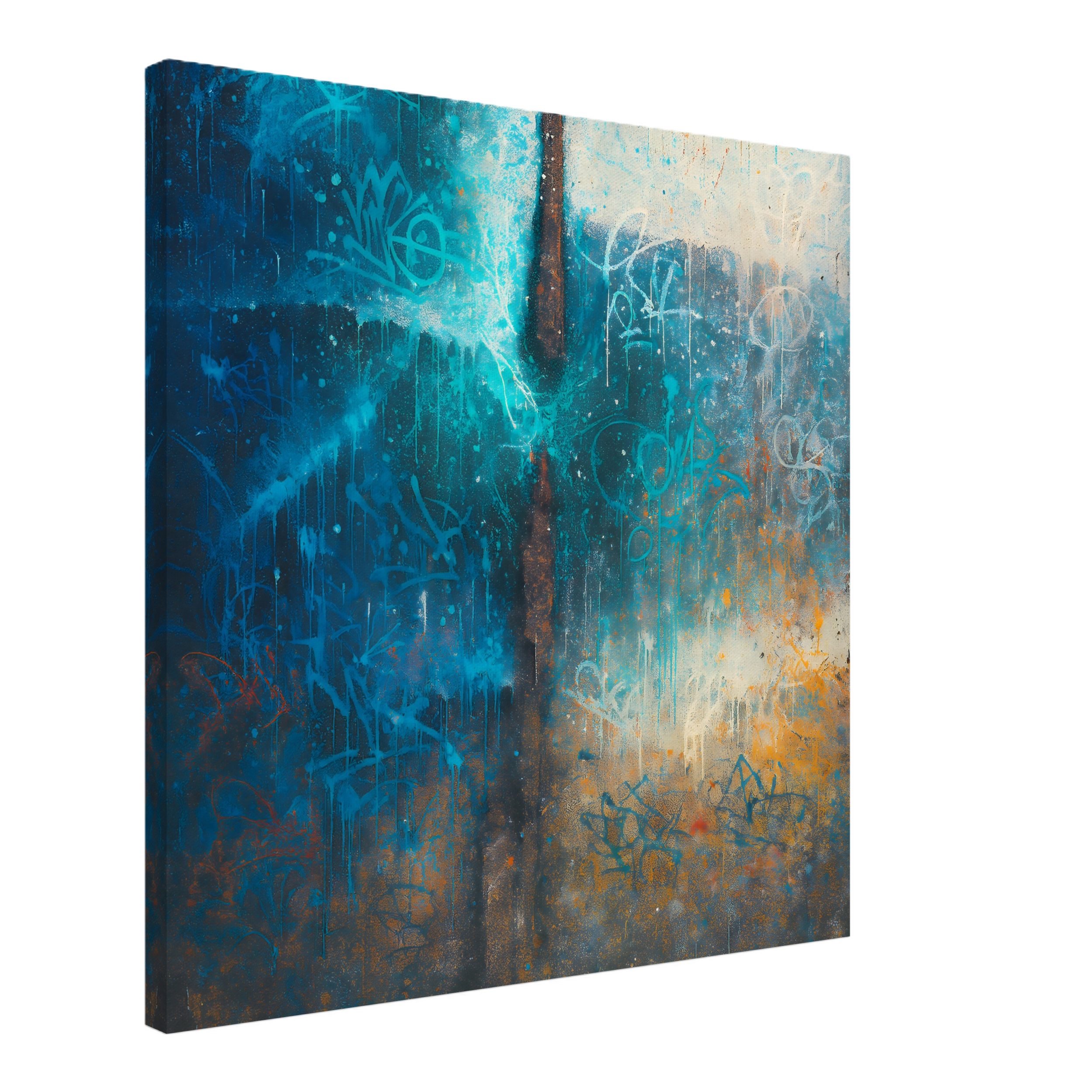 A wall covered in blue and beige graffiti with drips, scribbles, and abstract designs.