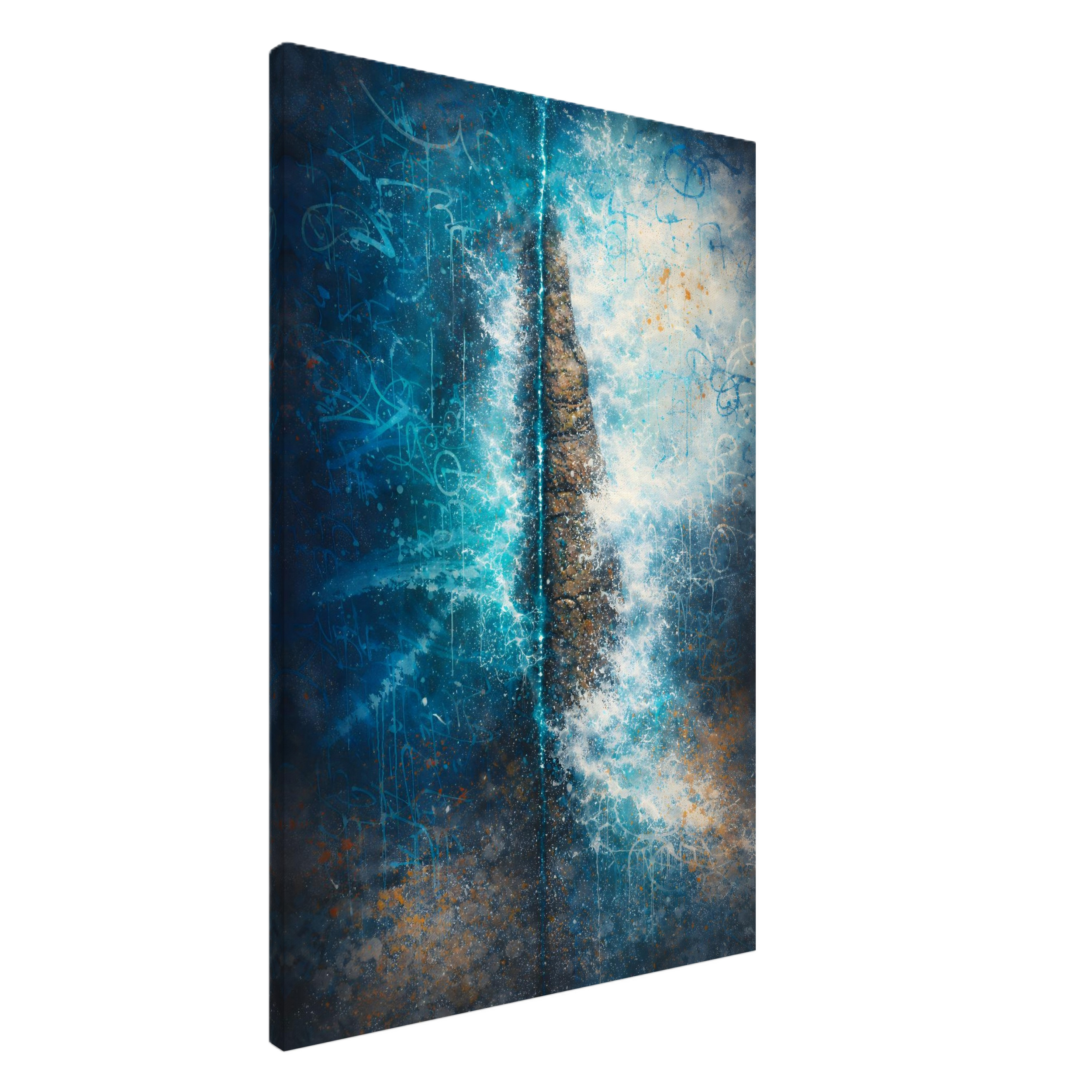 An abstract artwork featuring a blend of blue, orange, and white splashes with dynamic lines and textures, resembling cosmic or aquatic themes.