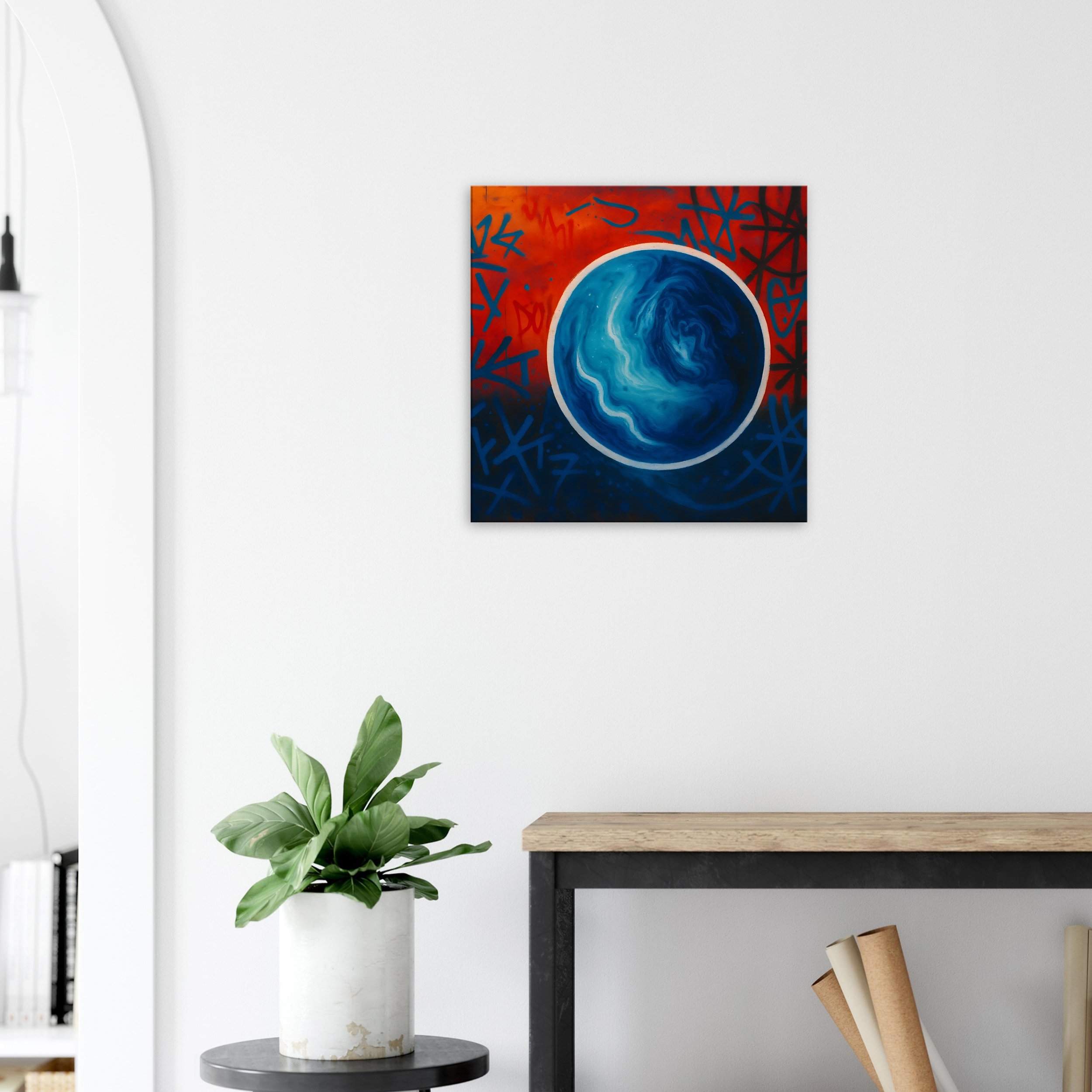 Modern abstract painting of a blue and white swirling sphere against a red and black patterned background, hung on a white wall in a minimalist interior with a side table and green plant.