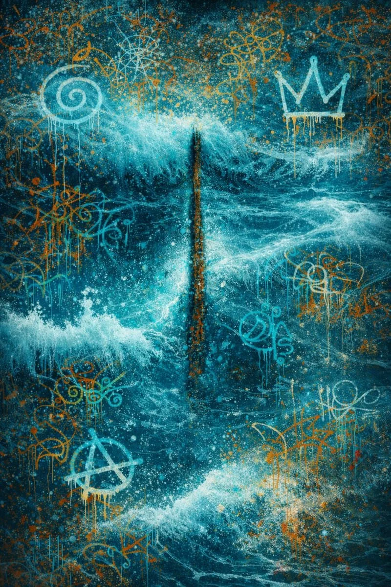 A large ocean wave with graffiti-style blue and orange symbols and drawings overlaid, including a crown, spiral, and various abstract shapes.