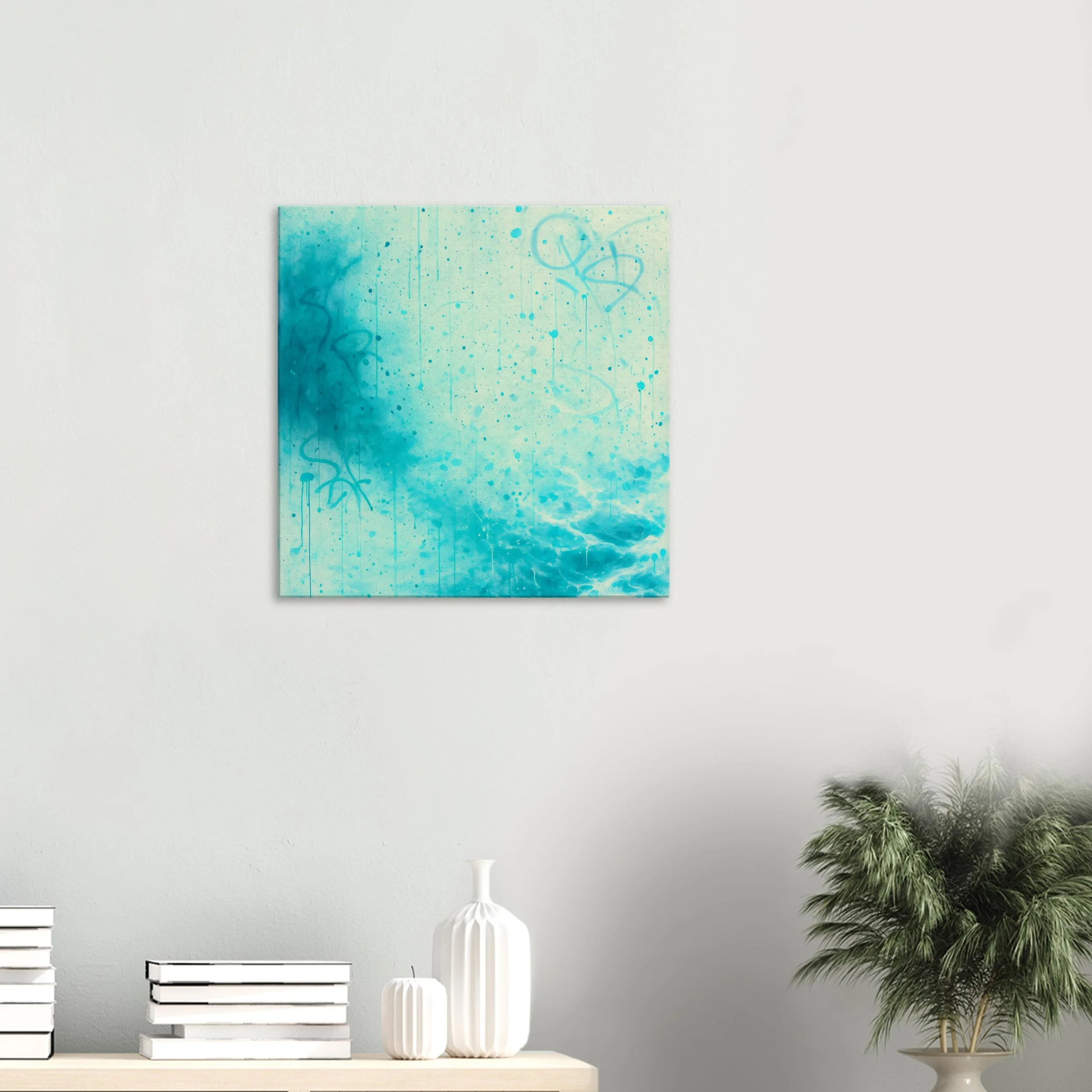 Abstract blue painting with splashes and drips, hung on a white wall above a white shelf with decorative vases and a potted plant.