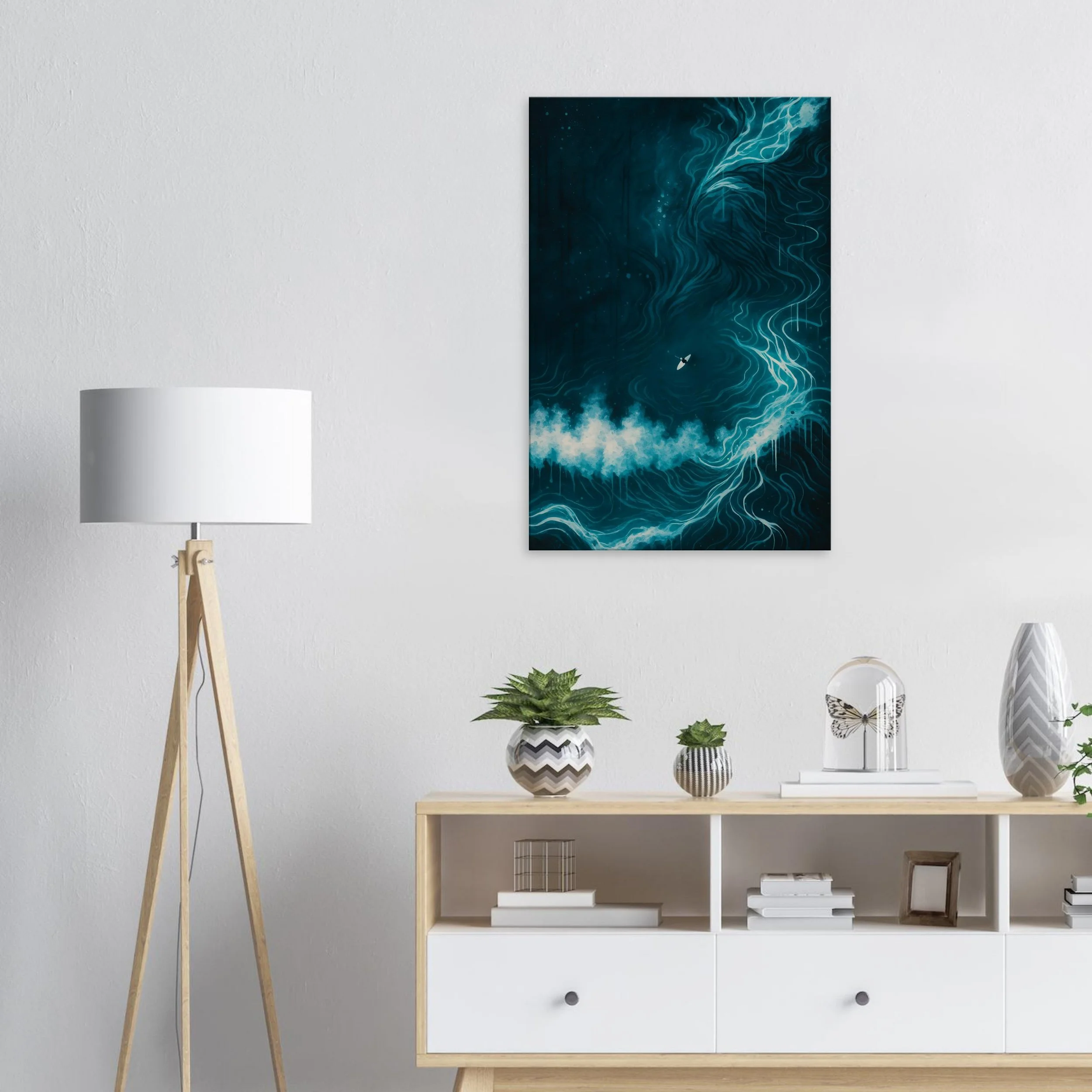 Modern living room with a wooden console table, plants, and a large abstract blue and white painting on the wall.
