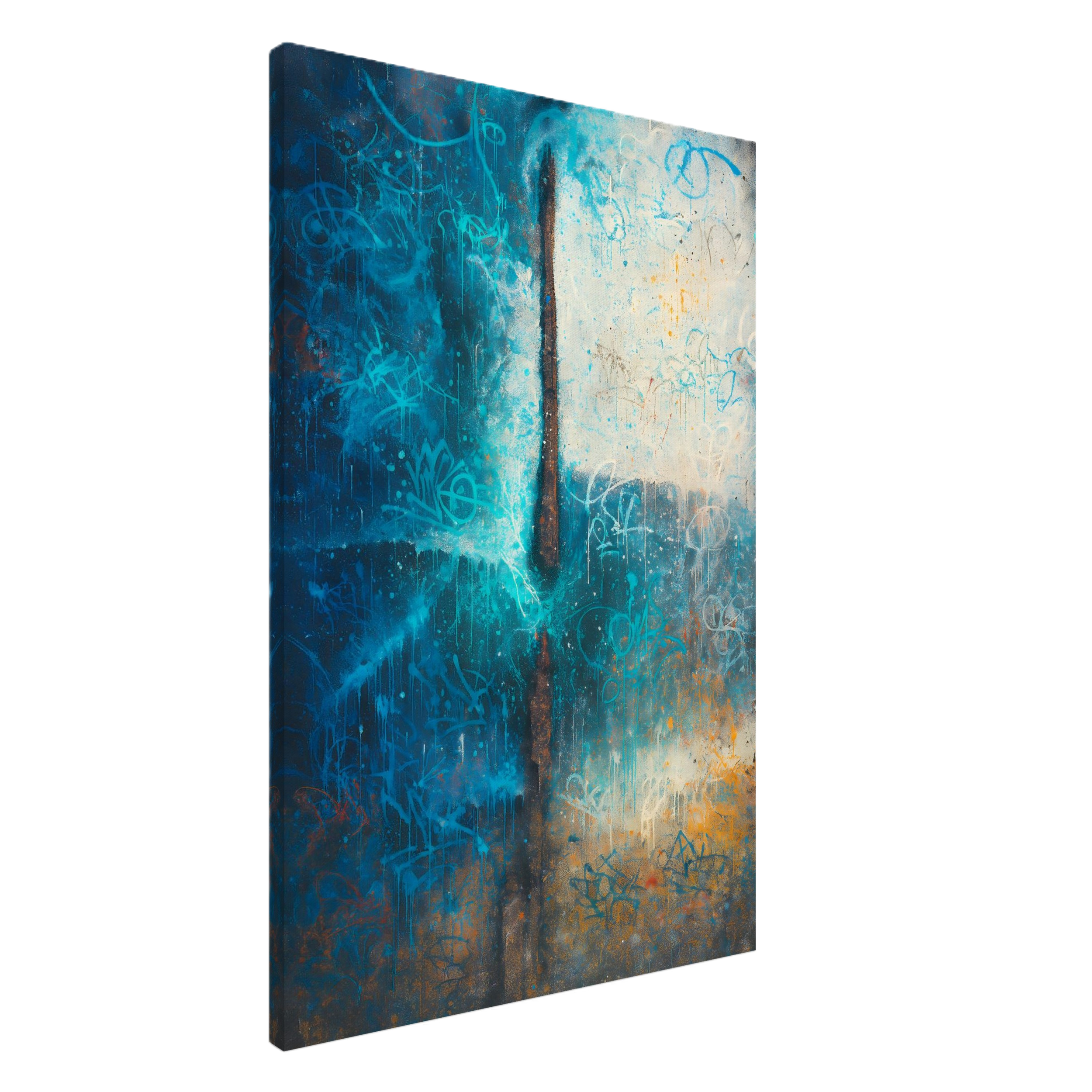 Abstract blue graffiti art on canvas with splashes of orange and white, partially visible in a 3D perspective.