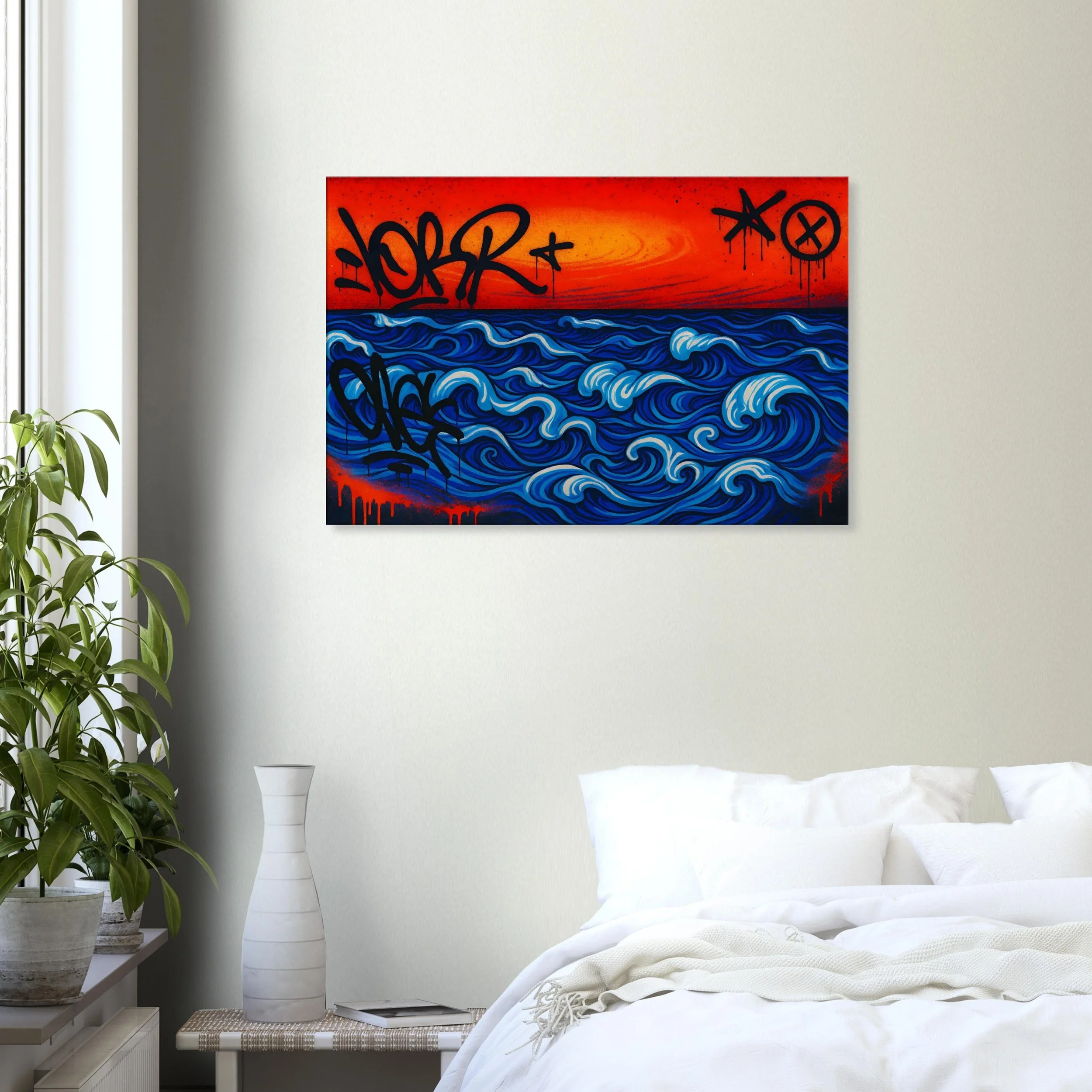 A modern bedroom with a white bed, white pillows, and a throw blanket, decorated with a large colorful graffiti-style painting of blue ocean waves and an orange sunset on the wall.