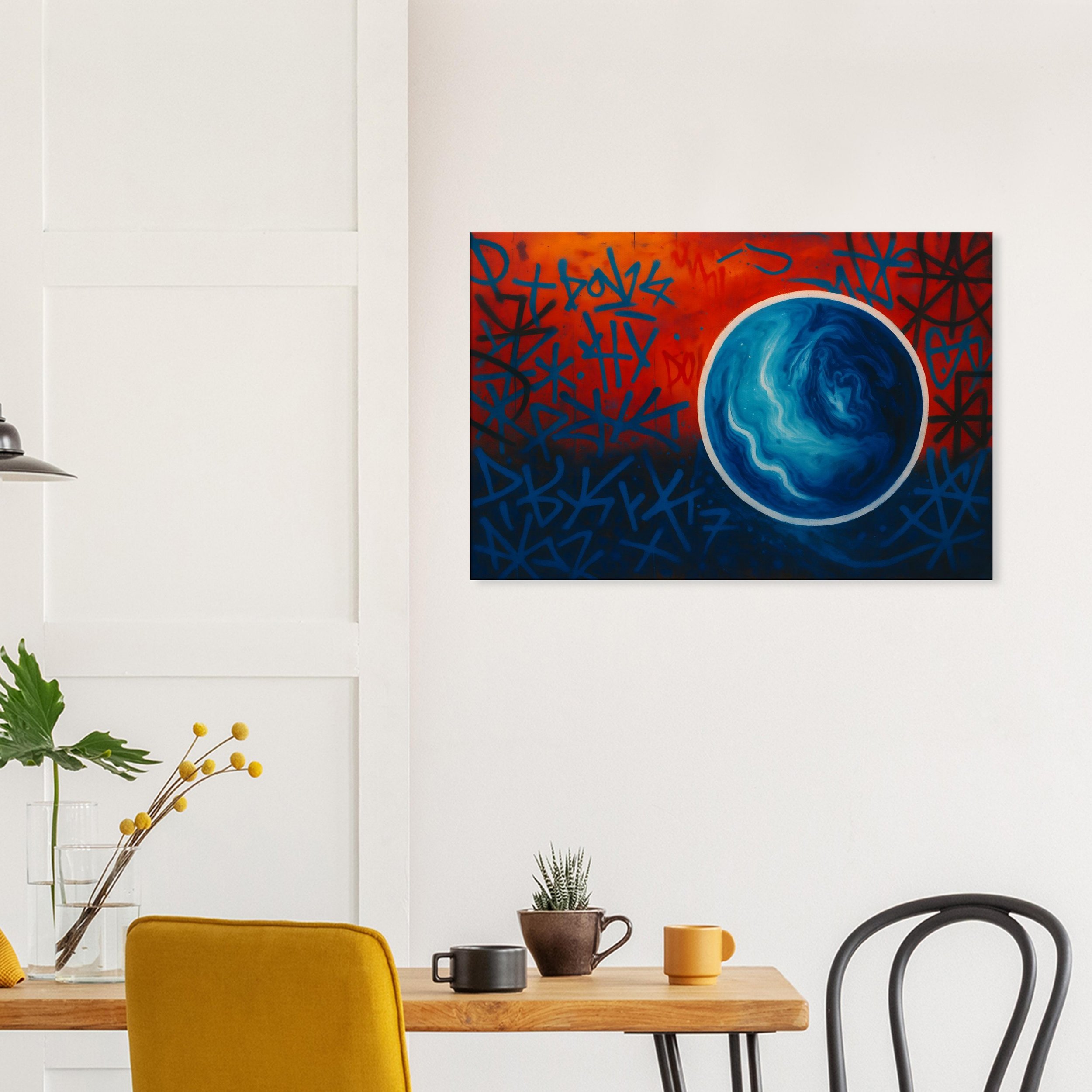Abstract painting featuring a swirling blue Earth circle against a red and dark blue background with graffiti-style markings.