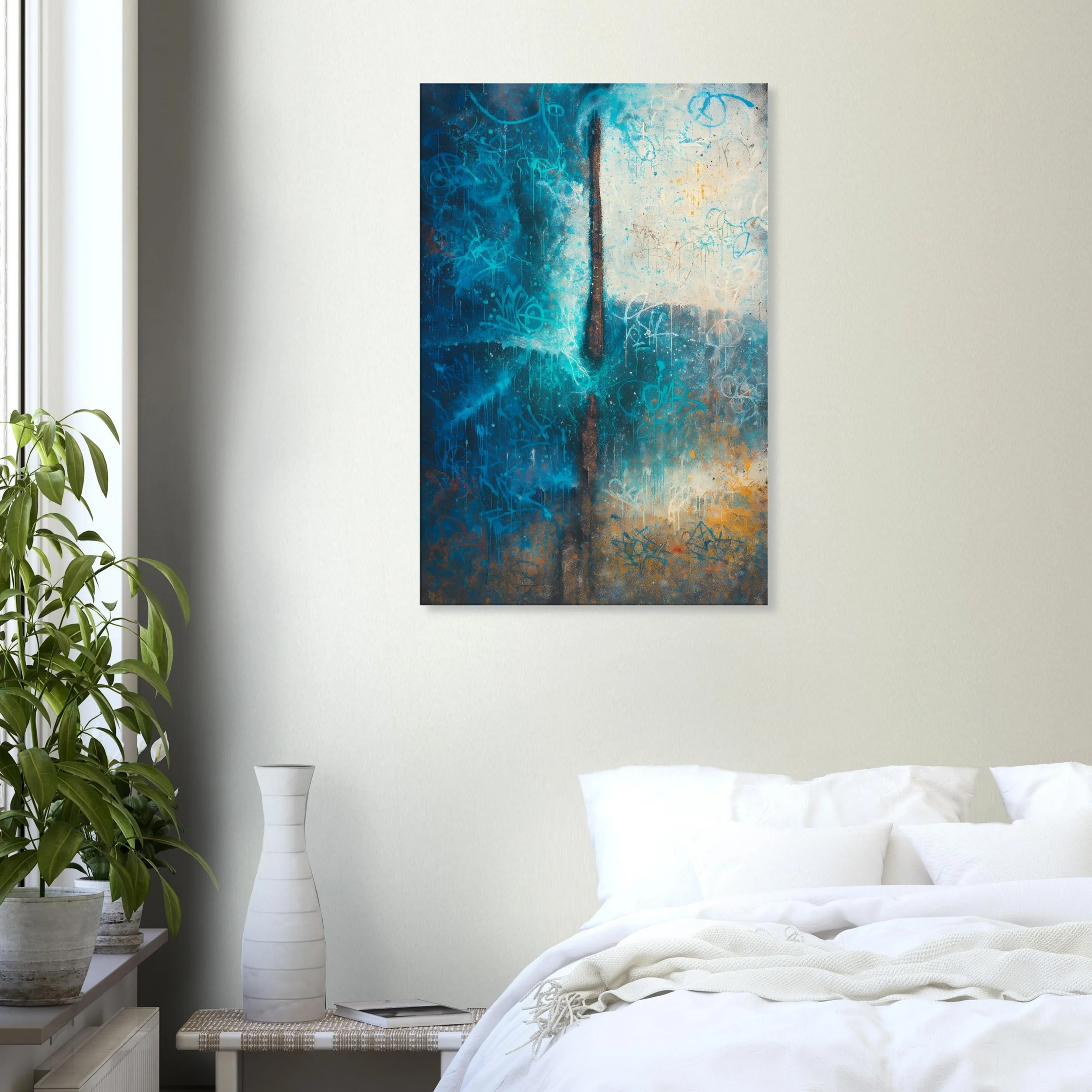 A modern bedroom with white walls, a bed with white bedding, a potted plant, a small side table with a white decorative vase, and an abstract painting with blue, orange, and brown tones hanging on the wall.