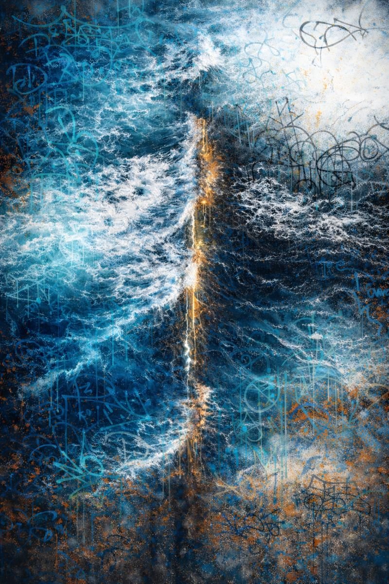 Abstract digital artwork depicting a face with closed eyes, made of blue and white waves and splashes, with graffiti-like markings and orange accents.