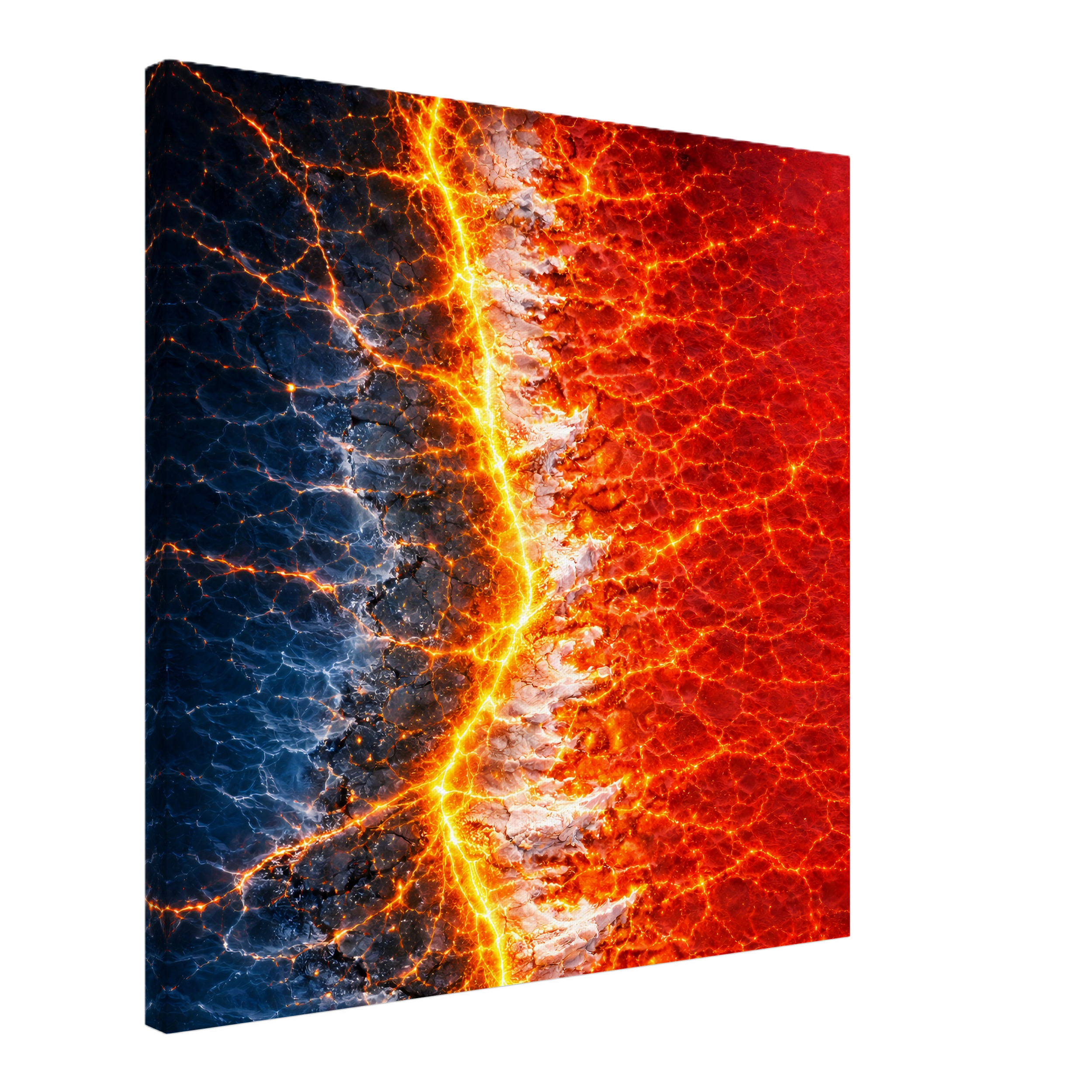 A computer monitor displaying a vibrant image of lava and cracked earth with bright orange and red colors.