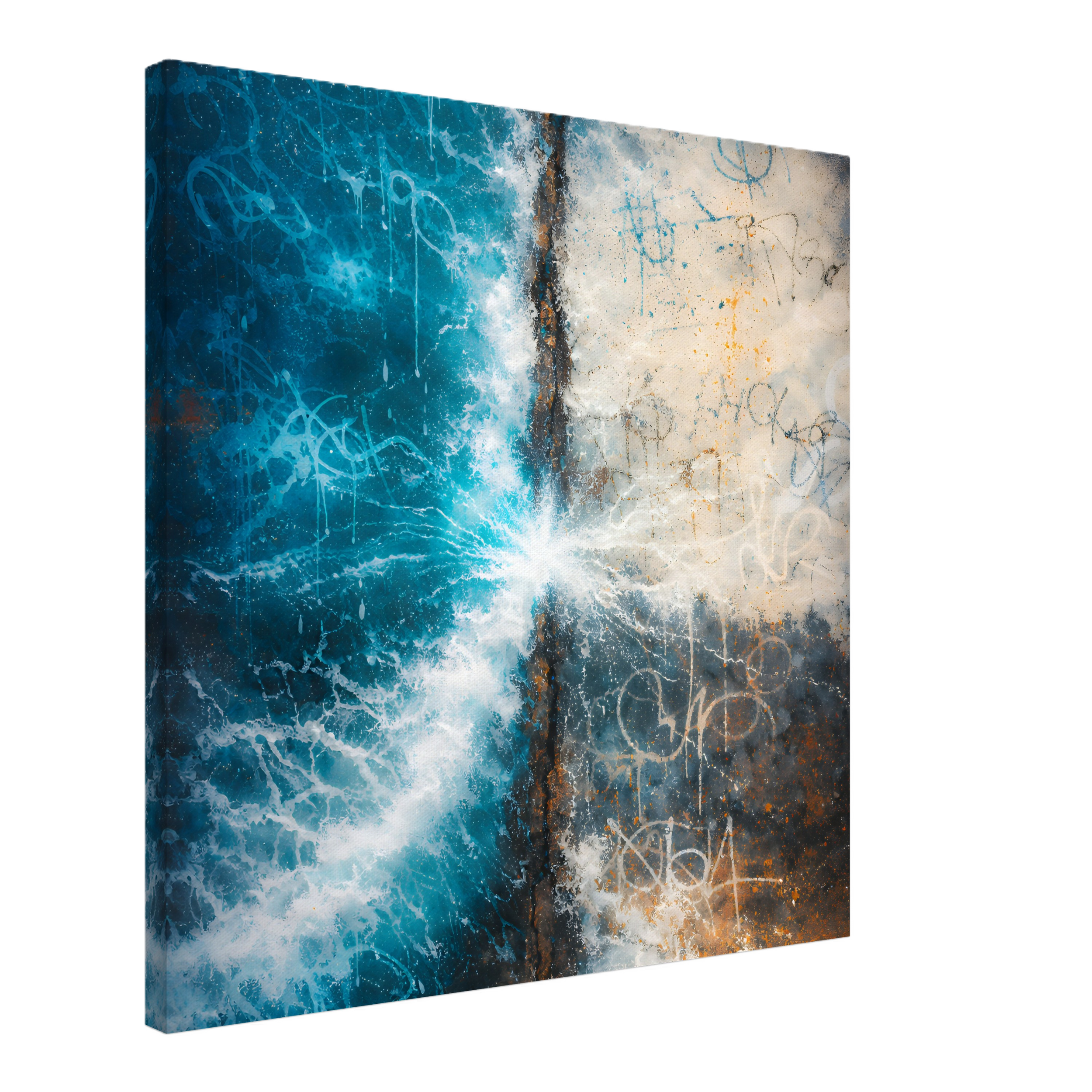 Abstract painting with splashes of blue, white, and orange colors, creating a textured and dynamic appearance.