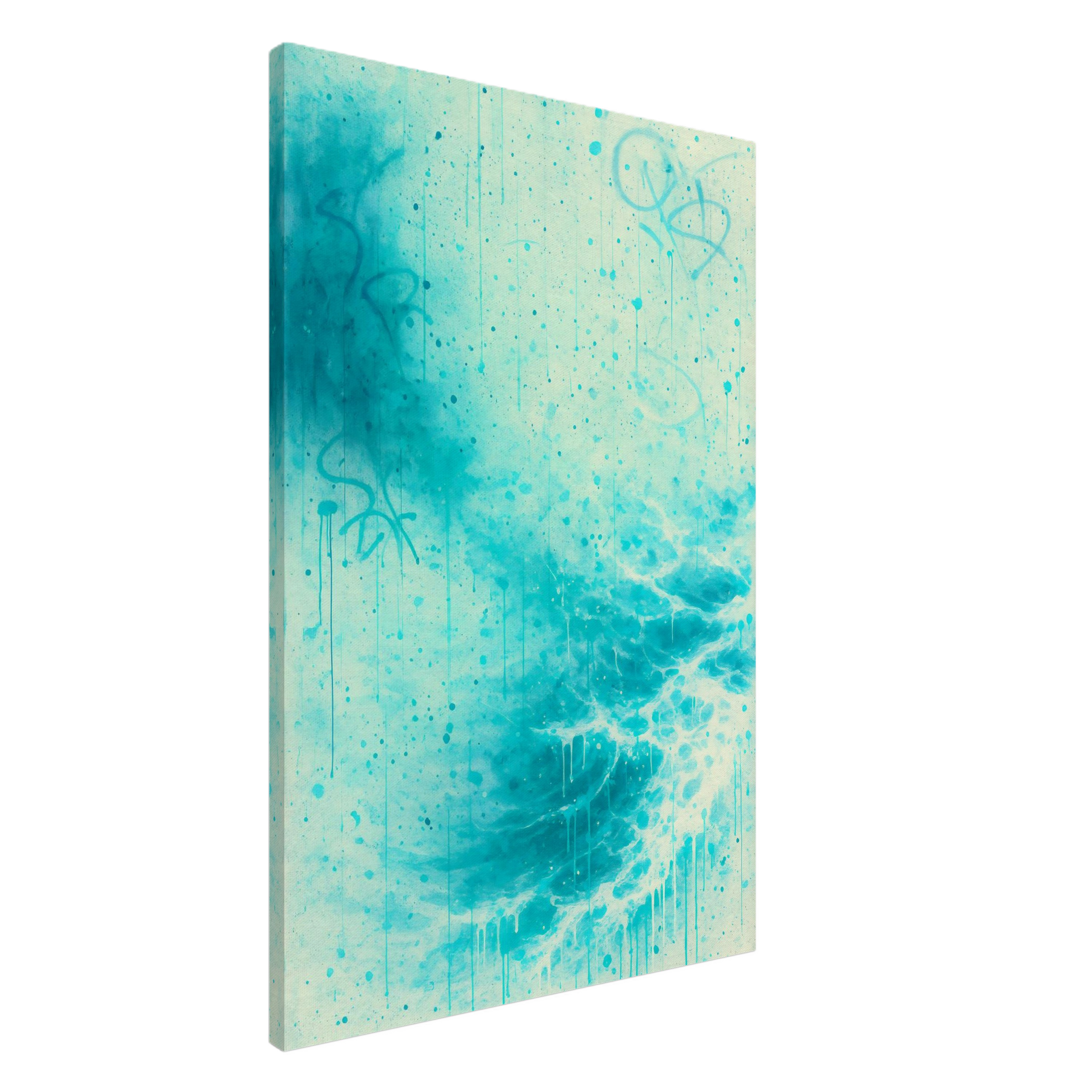 A canvas with blue and white watercolor paint splatters and drips.