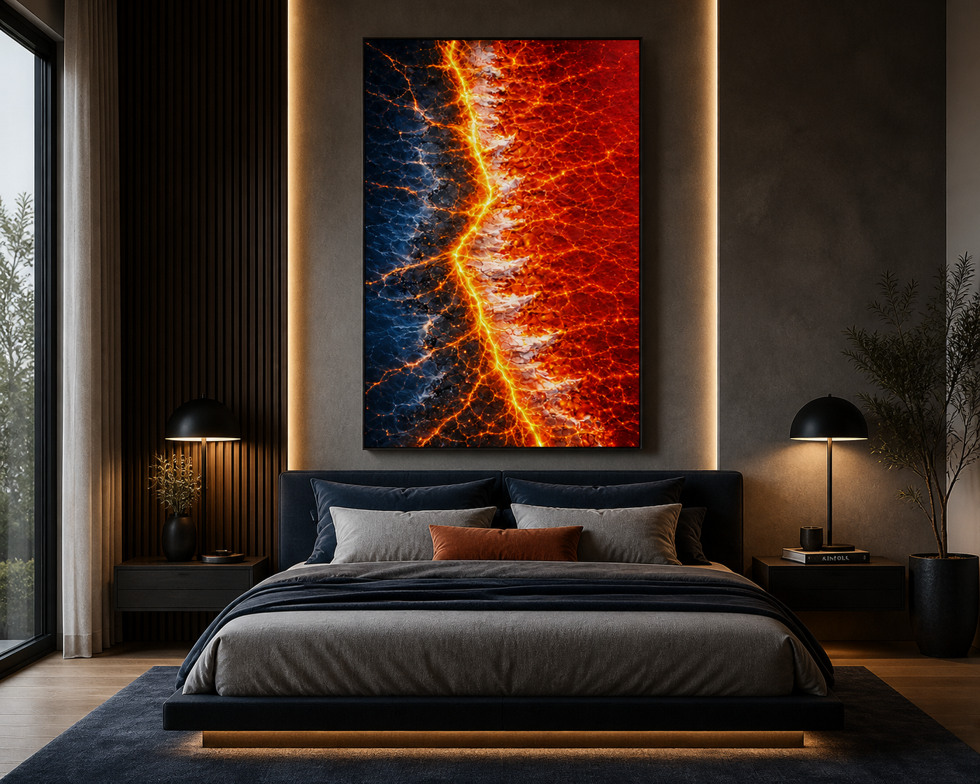 Modern bedroom with a large abstract artwork featuring fiery red and blue lightning, black bed with gray and orange pillows, black nightstands with lamps, and a tall plant in a black pot.