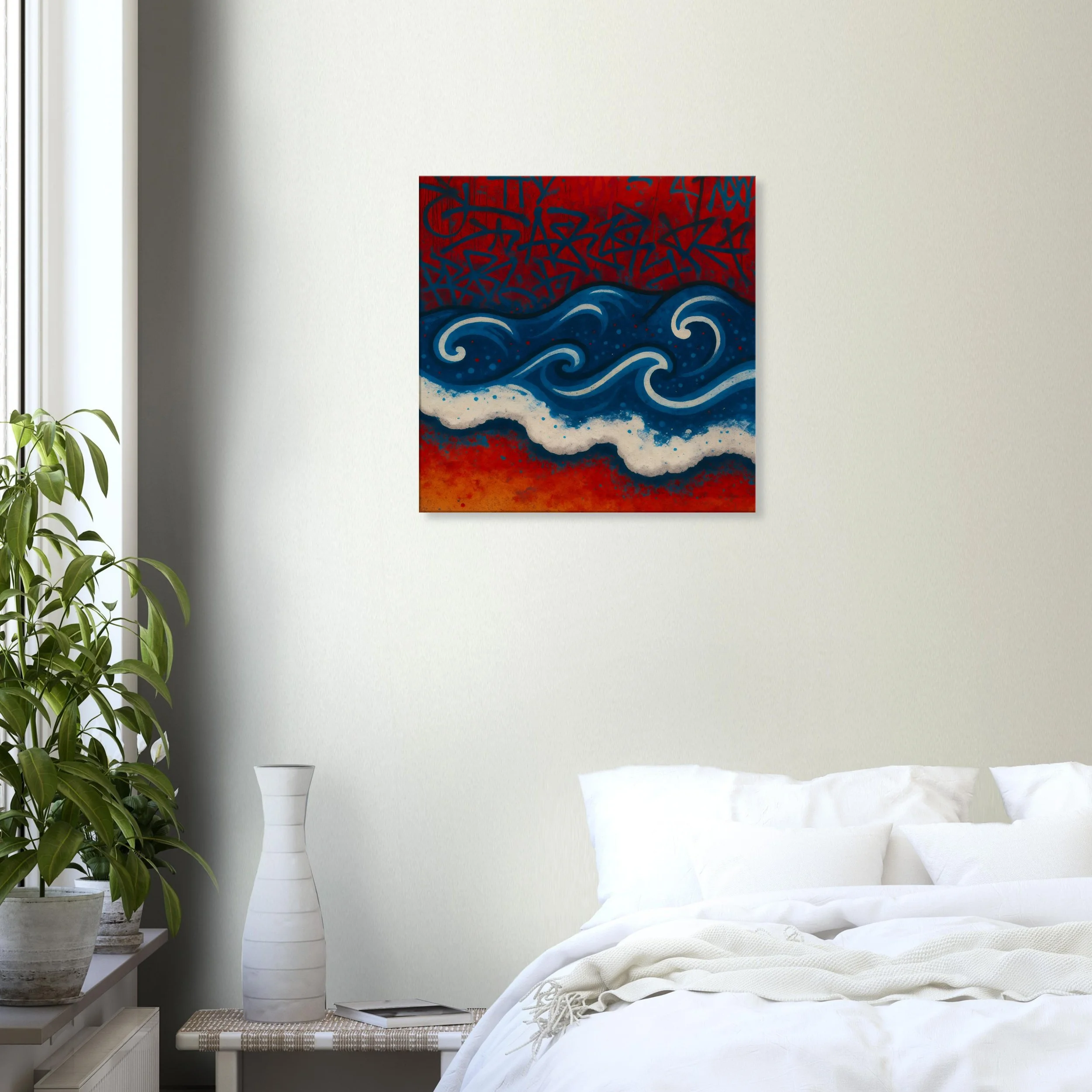 A colorful abstract painting of ocean waves with a red and blue background hanging on a white wall in a bedroom with a bed, white pillows, a plant, and a white vase.
