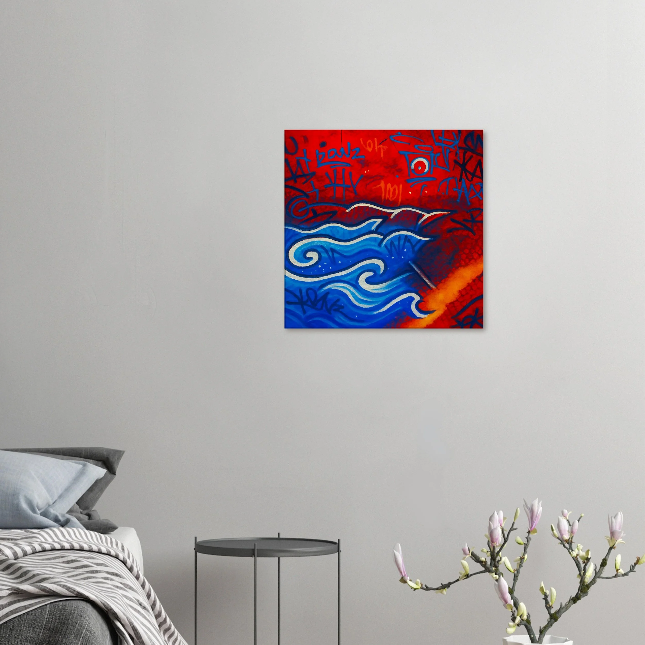 Contemporary abstract painting with blue waves and red background on a white wall in a modern room.