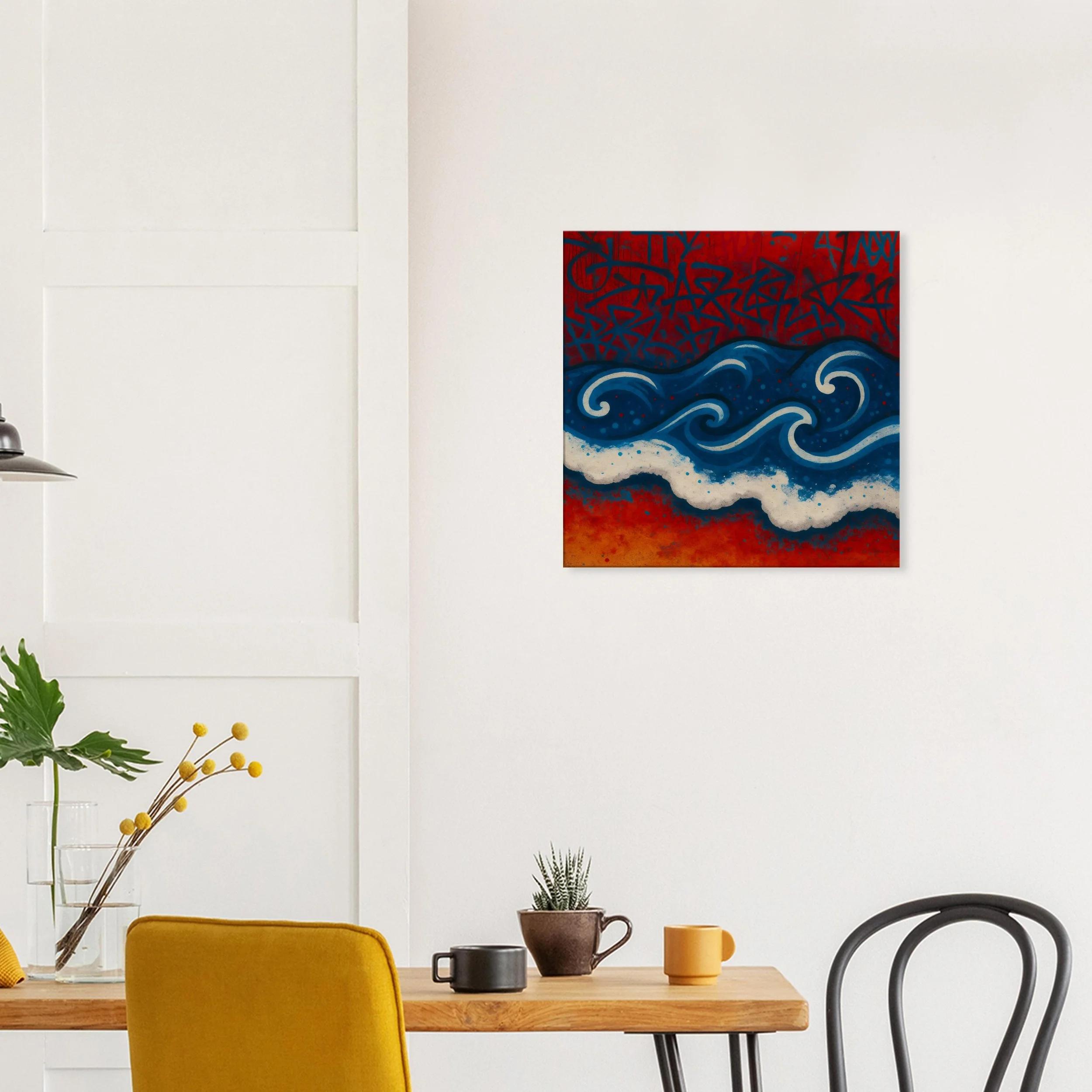 Colorful abstract painting of swirling blue waves with red and black background on a white wall in a living room.