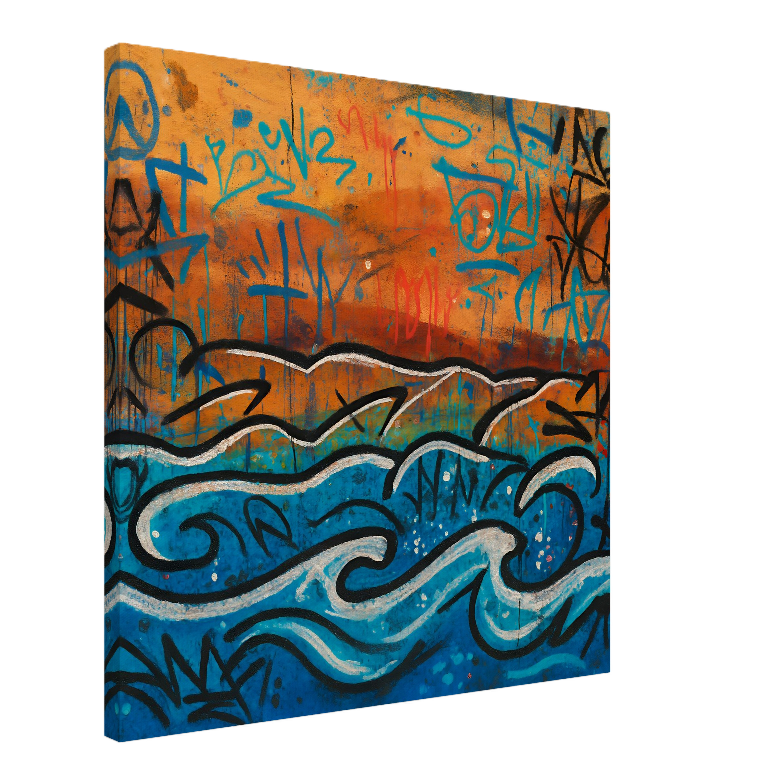 Graffiti-covered concrete wall with orange, blue, black, and white spray paint and marker markings.