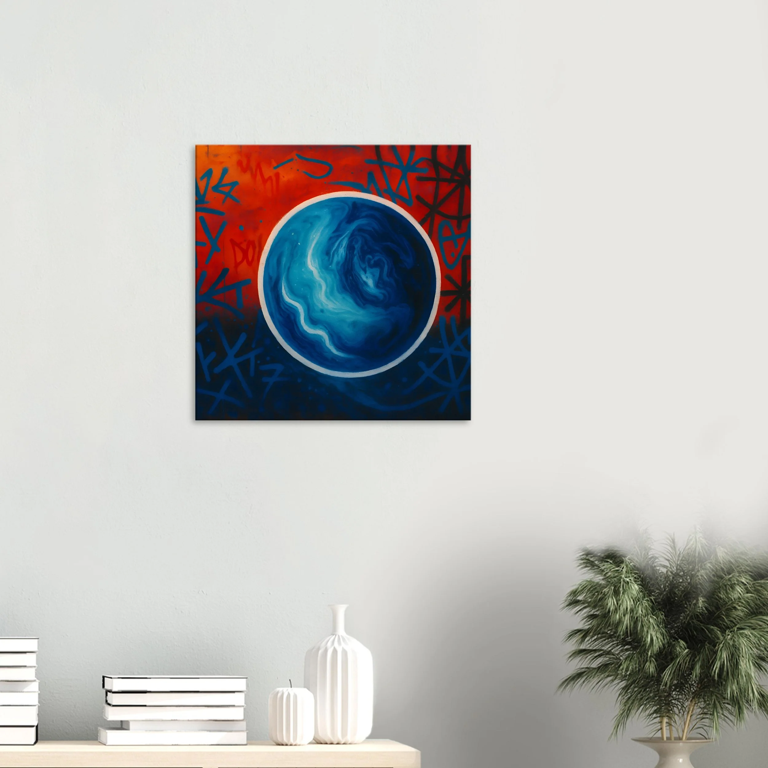 Abstract painting of a swirling blue planet or moon against a background of red and blue graffiti-style scribbles on a white wall.