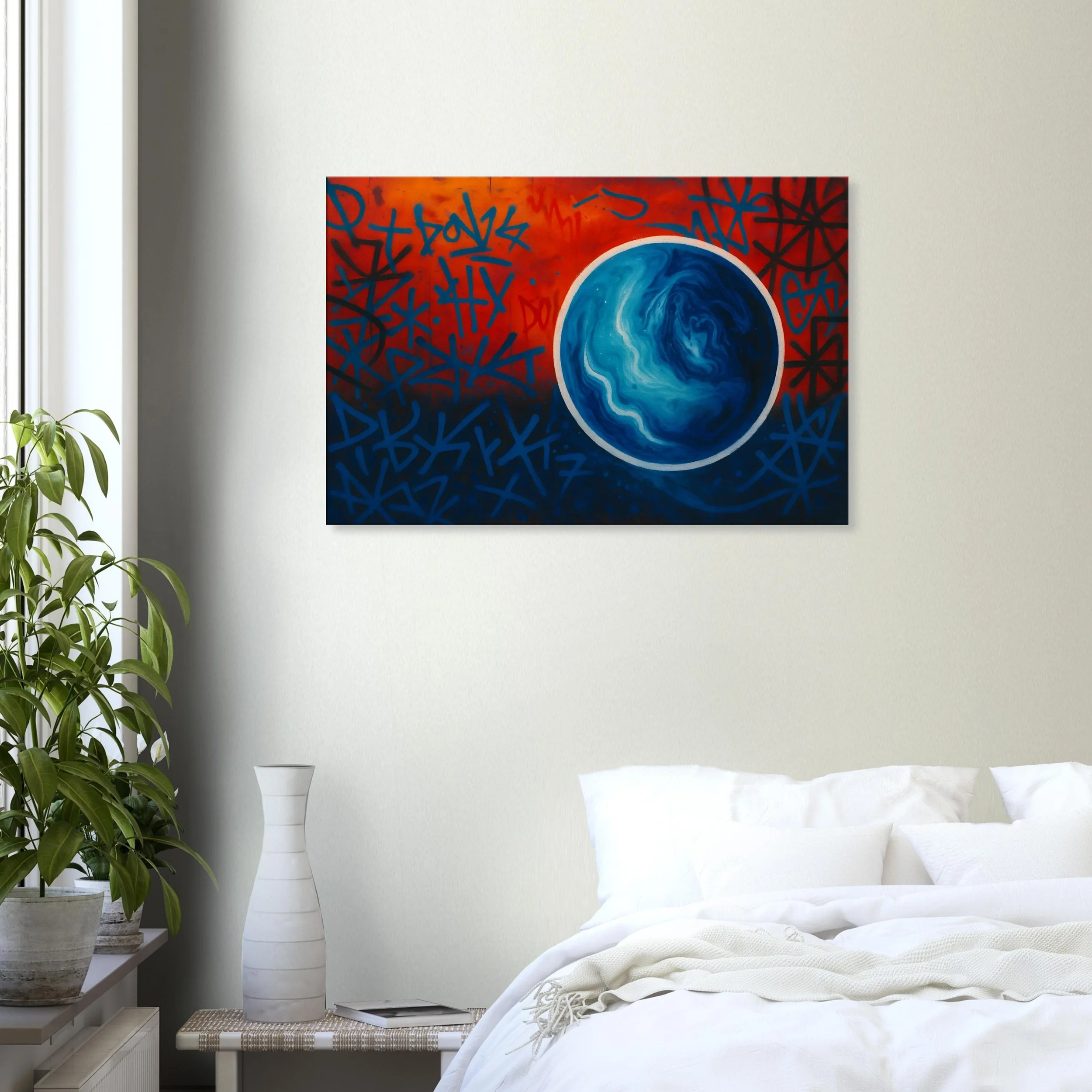 An abstract painting of the Earth on a white wall in a bedroom, with graffiti-style writing in blue and red around the Earth.