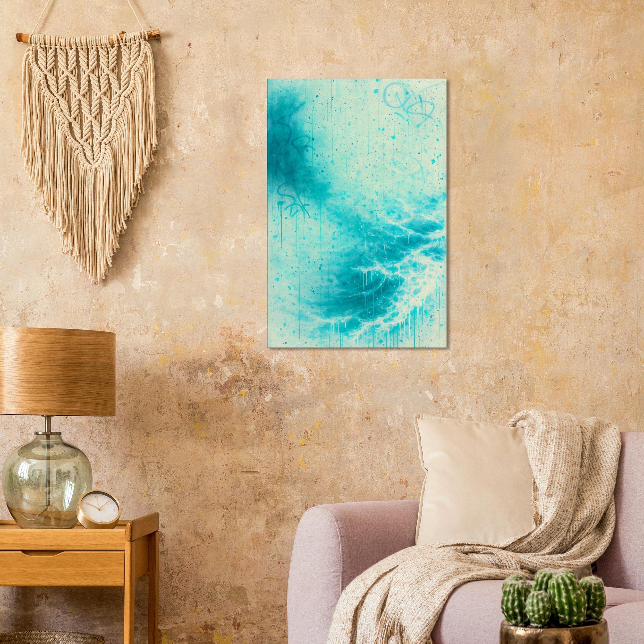Living room with beige textured wall, abstract blue wave art on the wall, beige macrame wall hanging, wooden side table with a glass lamp and a clock, light gray armchair with a beige pillow and knitted throw, and a potted cactus plant in the foregro