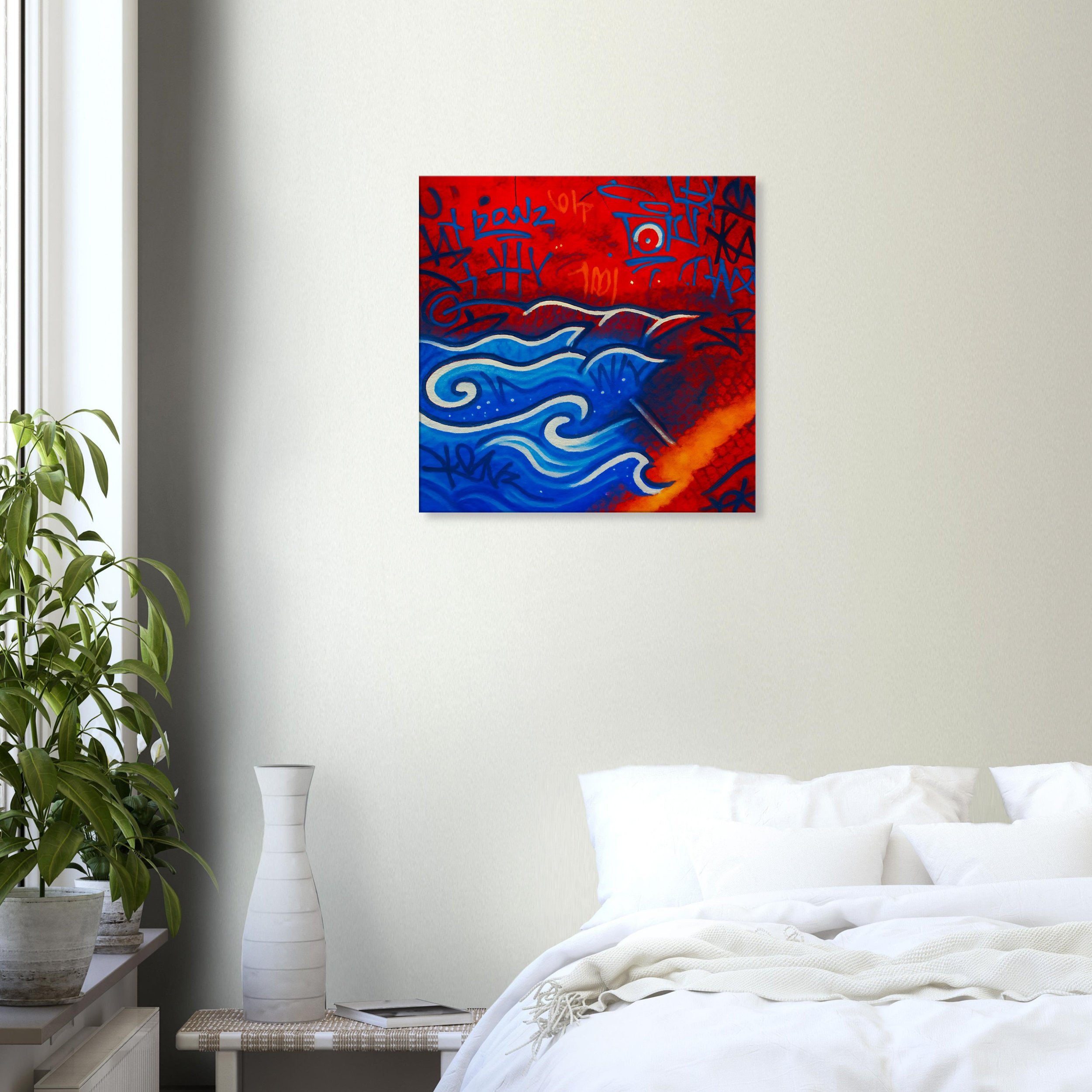 Abstract painting featuring blue waves, red background, and black graffiti-style markings on a white wall in a bedroom.