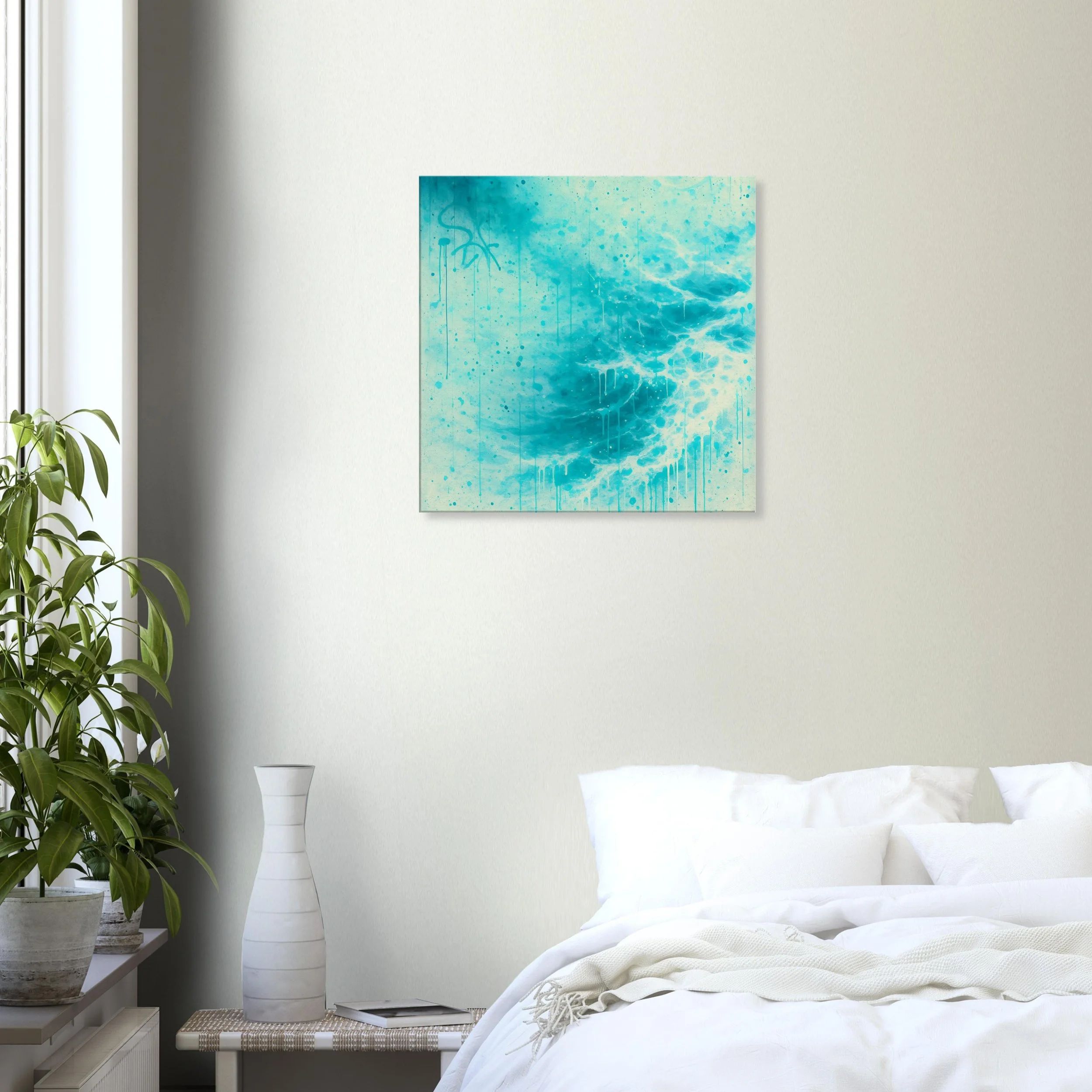 A bedroom with a white bed, a plant, a white vase, a small table, and a modern ocean-themed painting on the wall.