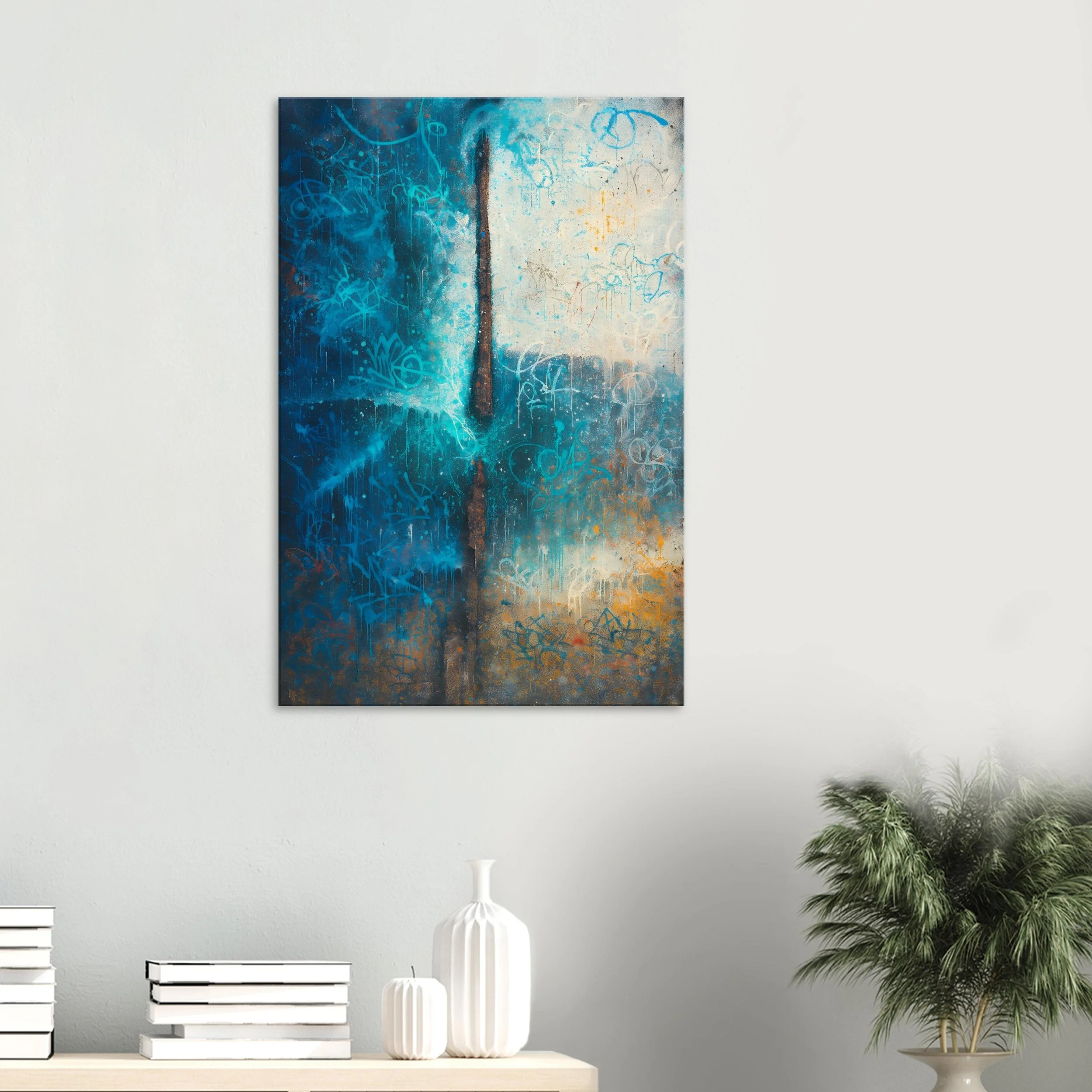 Abstract painting with blue, brown, and white colors, featuring swirling and textured patterns.