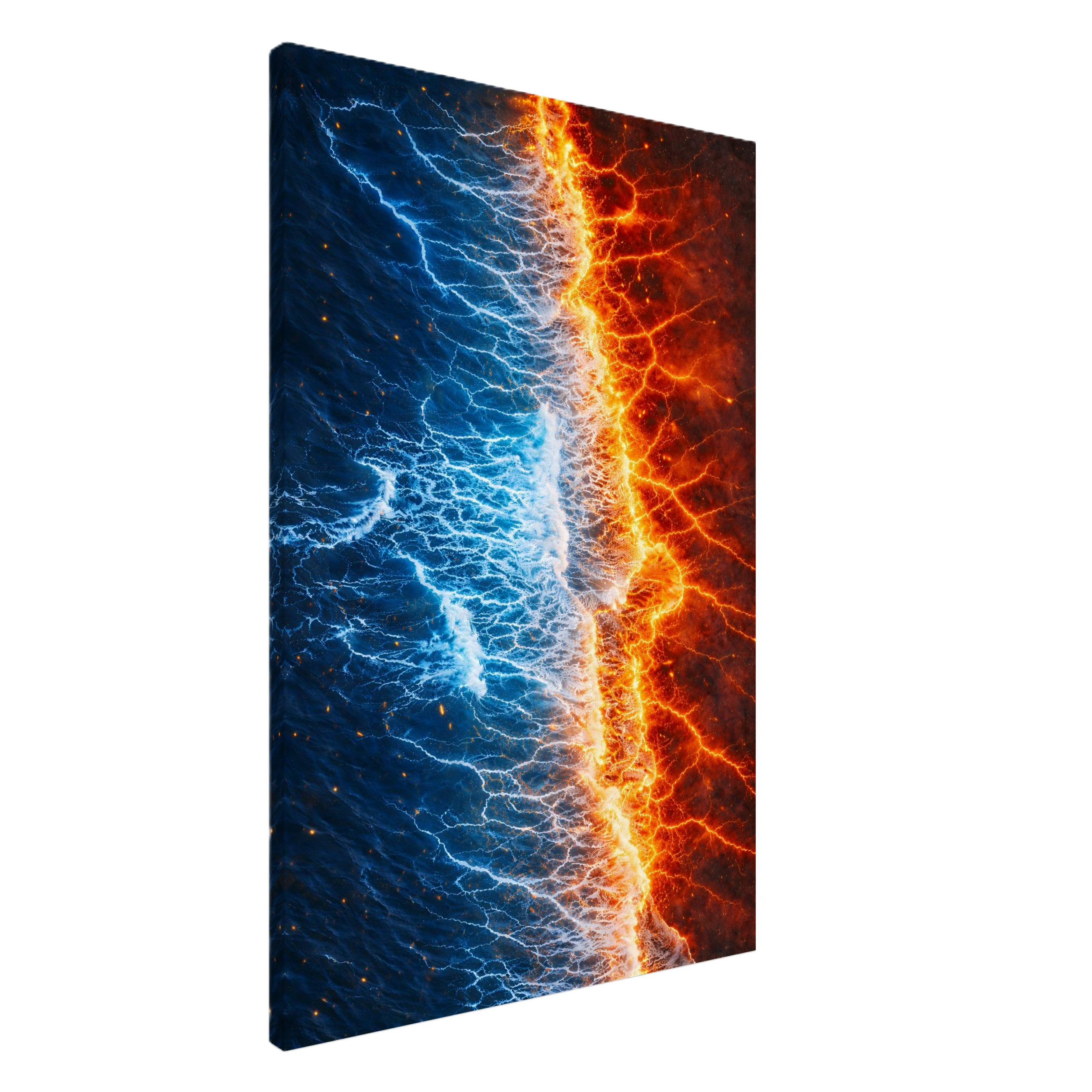 A 3D image of a book cover depicting a split scene of lightning and fire, symbolizing a clash or balance of natural forces.