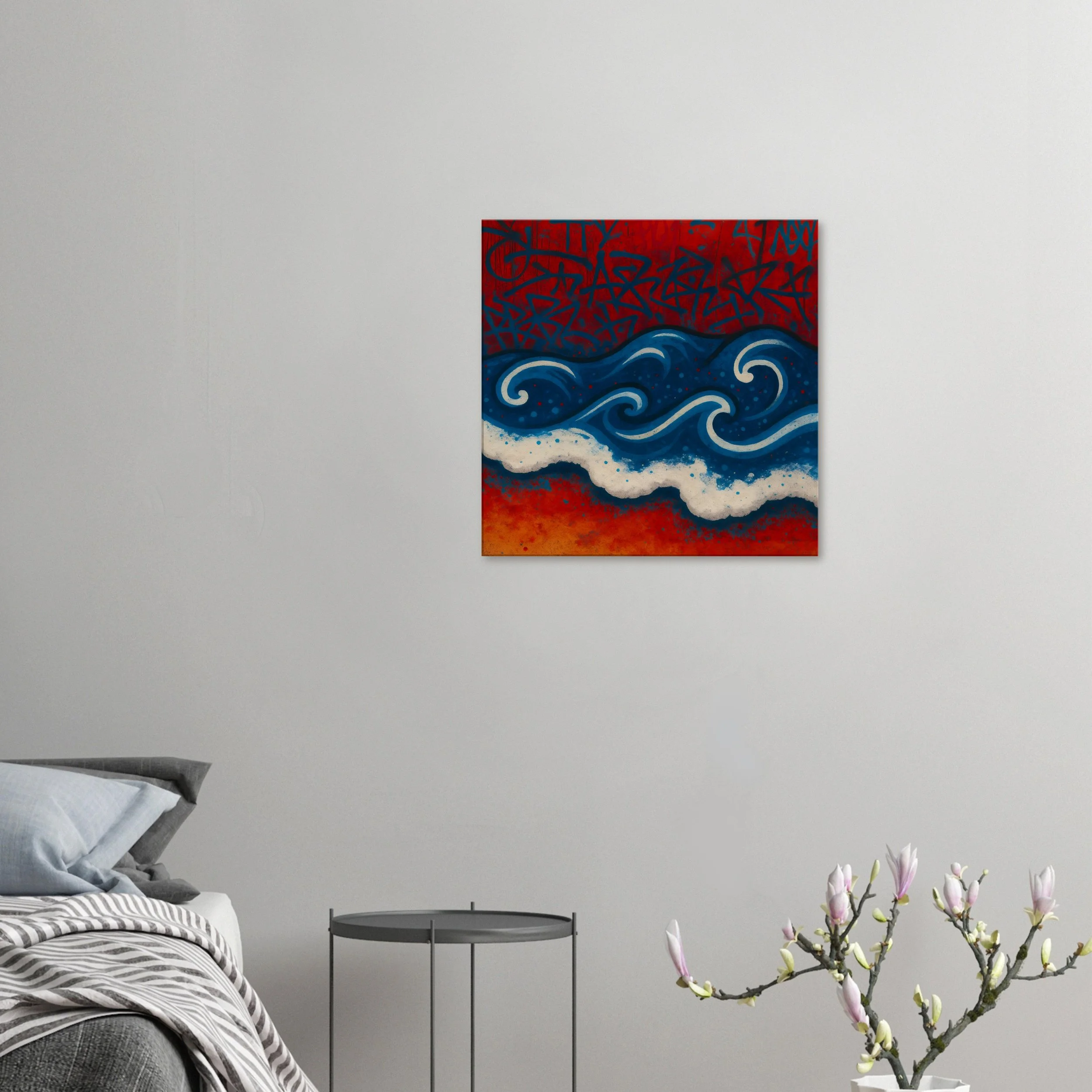 Modern abstract painting depicting blue ocean waves with white foam, set against a red background with graffiti-like markings.