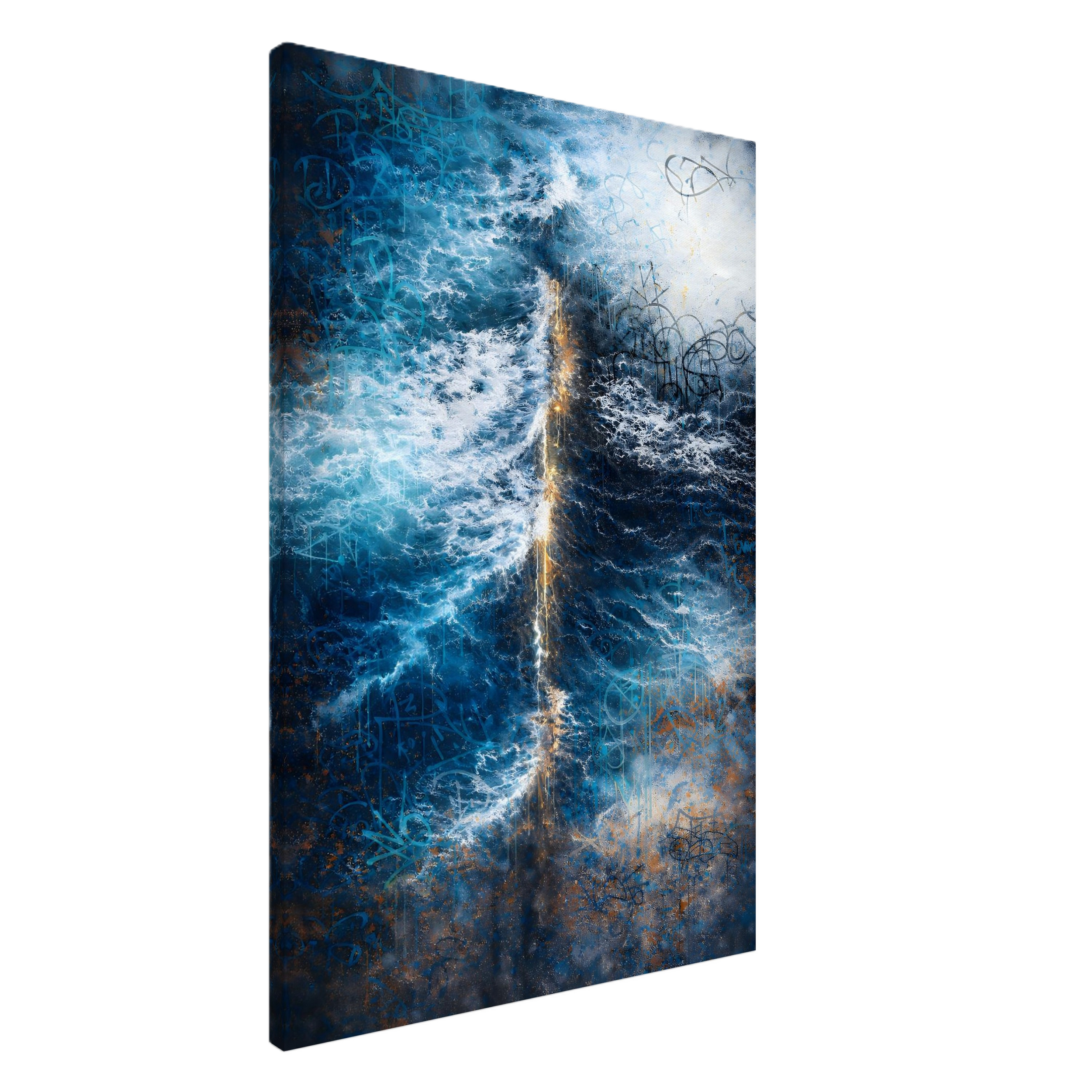 Abstract painting featuring blue waves and white foam with graffiti-style blue and gold scribbles on canvas
