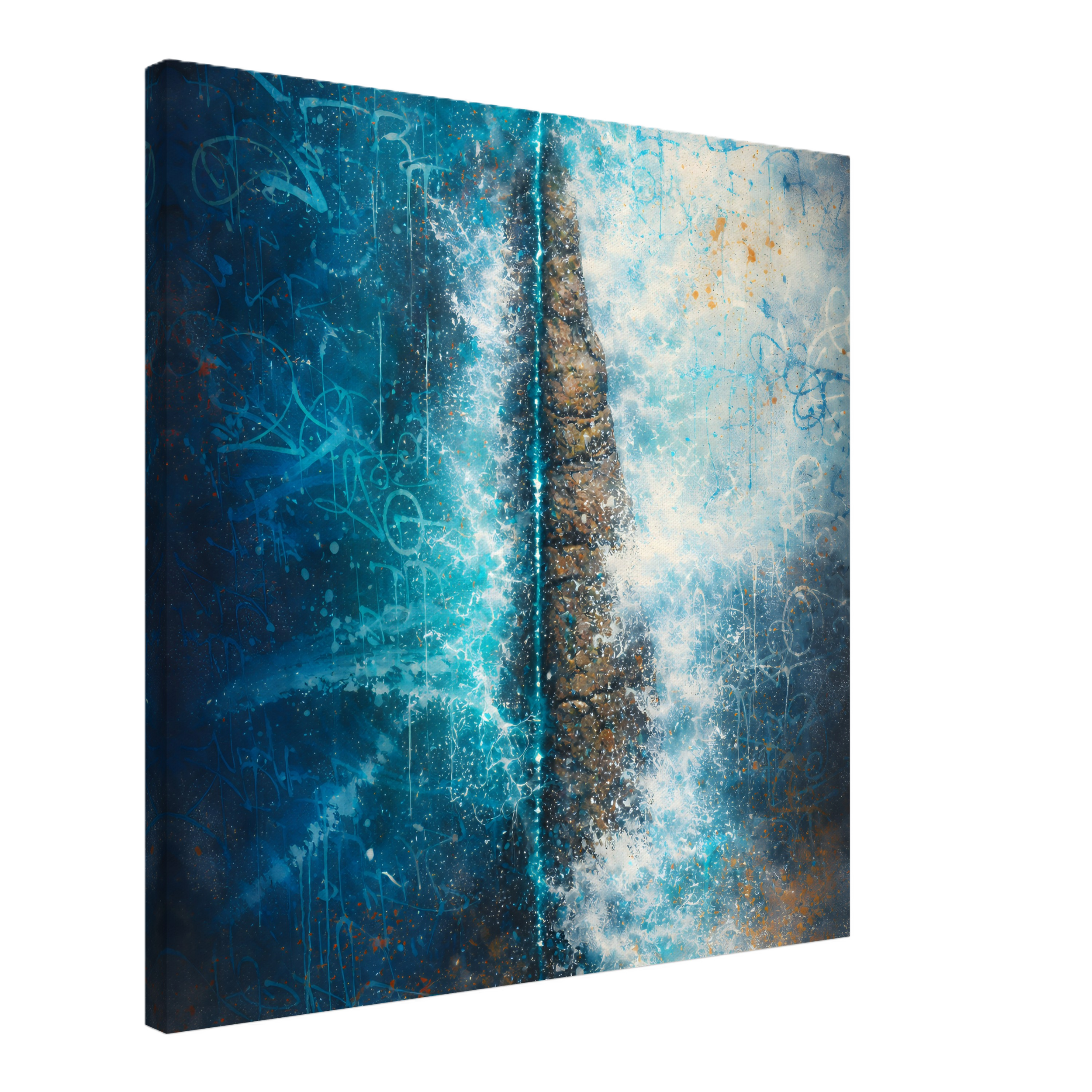 A large, textured canvas art piece with abstract splashes of blue, white, orange, and gold spray paint and ink splatters.