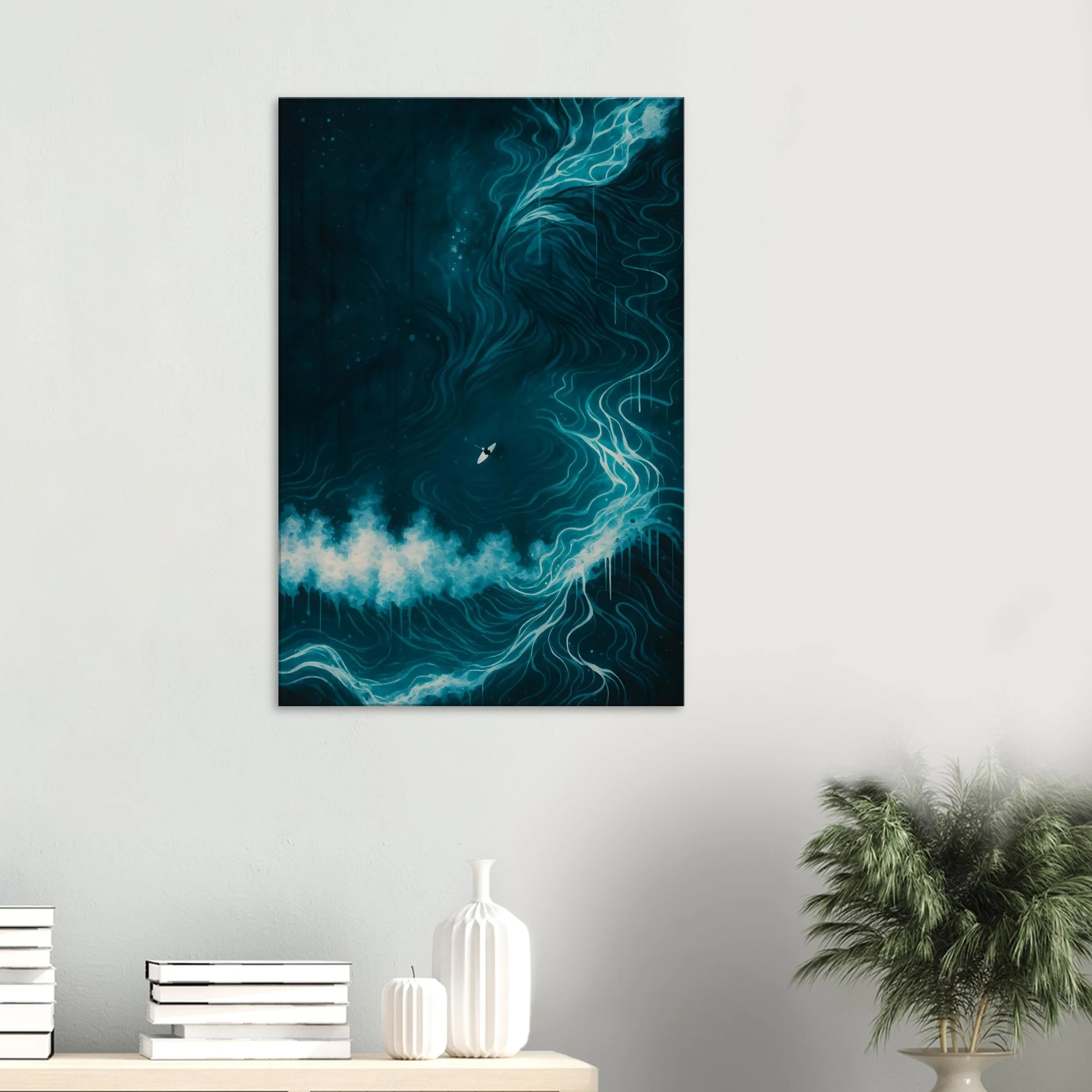 Abstract ocean-themed artwork with swirling blue patterns and a small boat in the center.