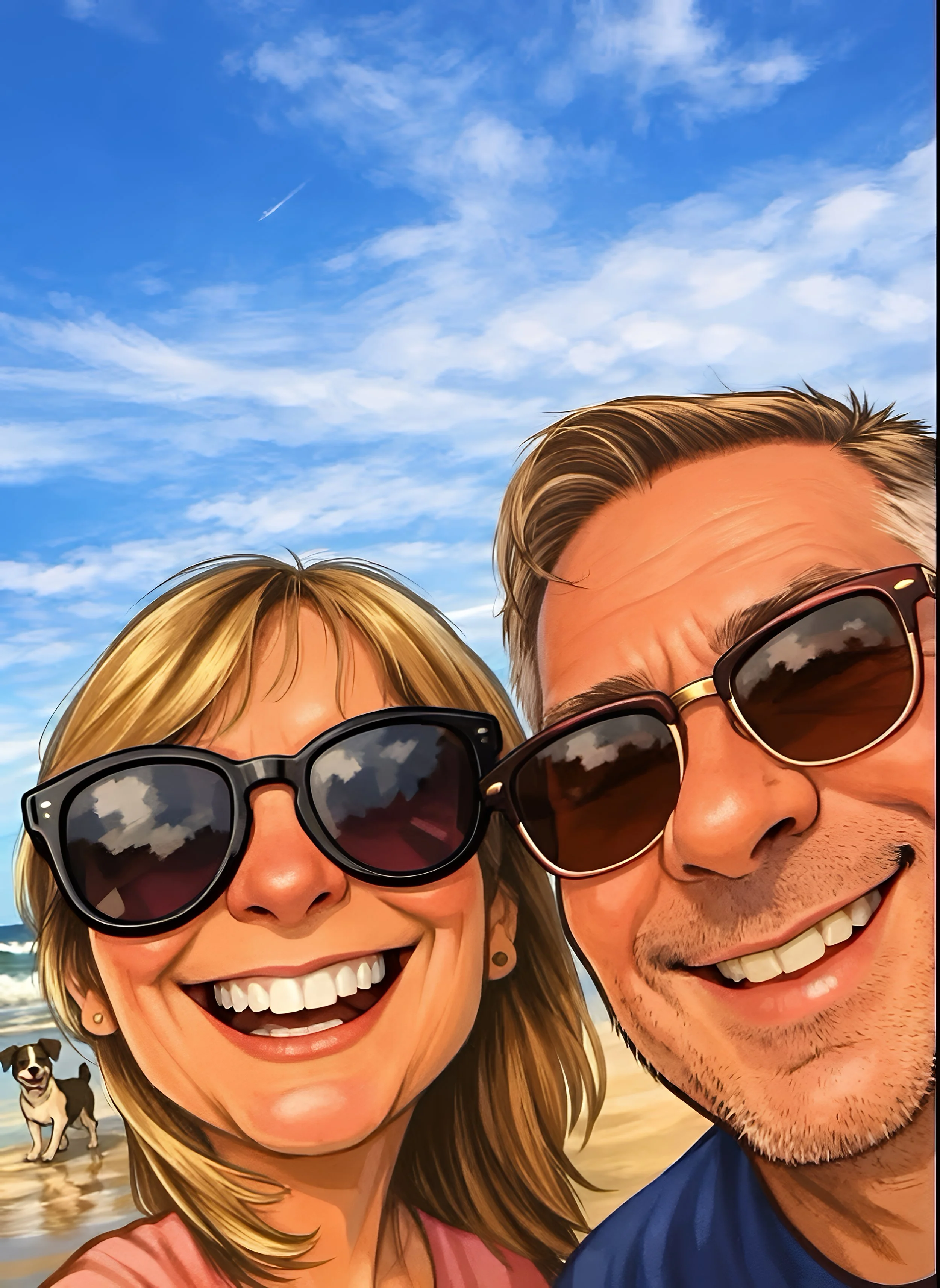 Close-up of a smiling couple wearing sunglasses at the beach, with a dog in the background and an ocean with a partly cloudy sky.