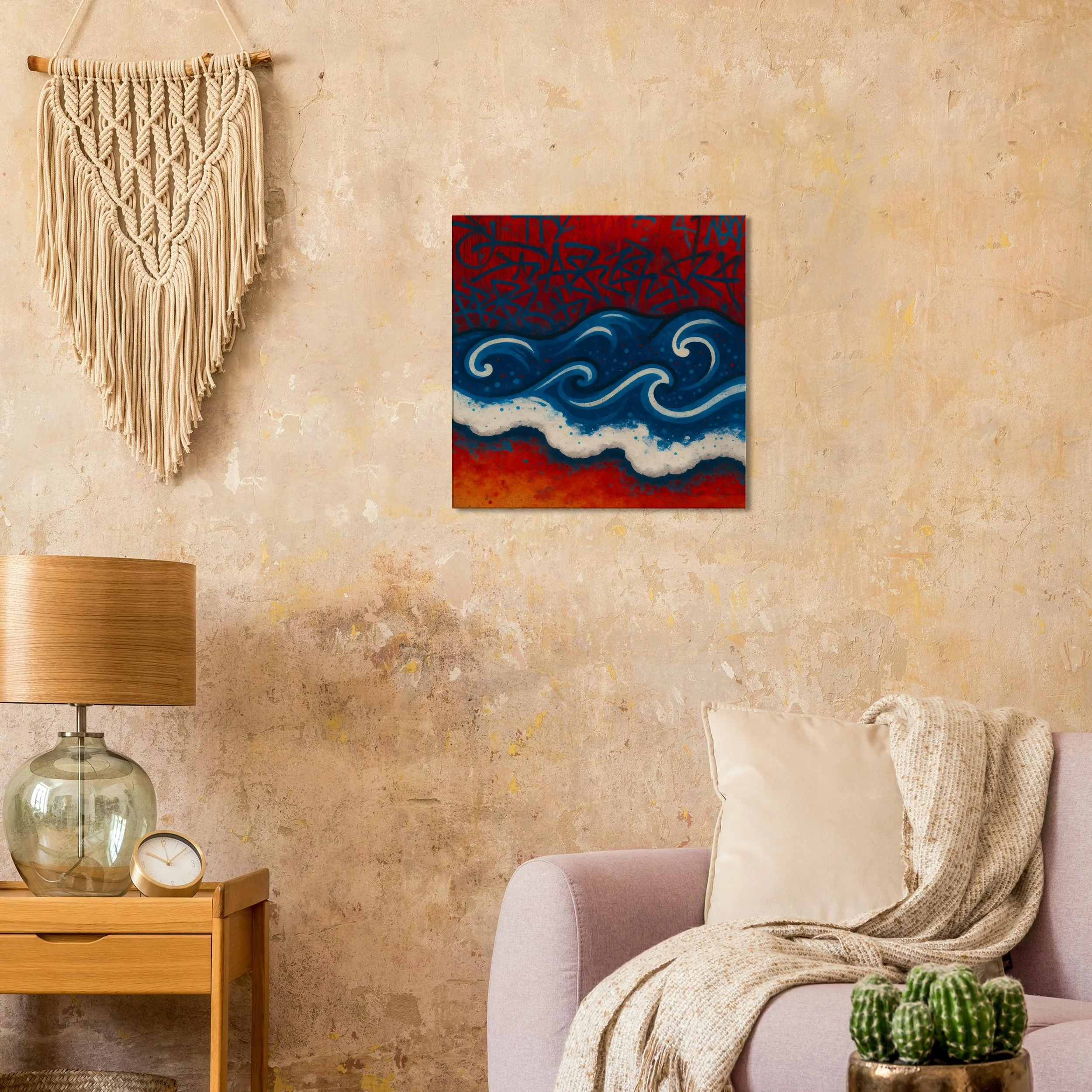 Living room with a beige textured wall, a macrame wall hanging, a colorful abstract painting, a glass table lamp, a small clock, a pink armchair with a cream pillow and beige throw blanket, and a pot of small cacti.
