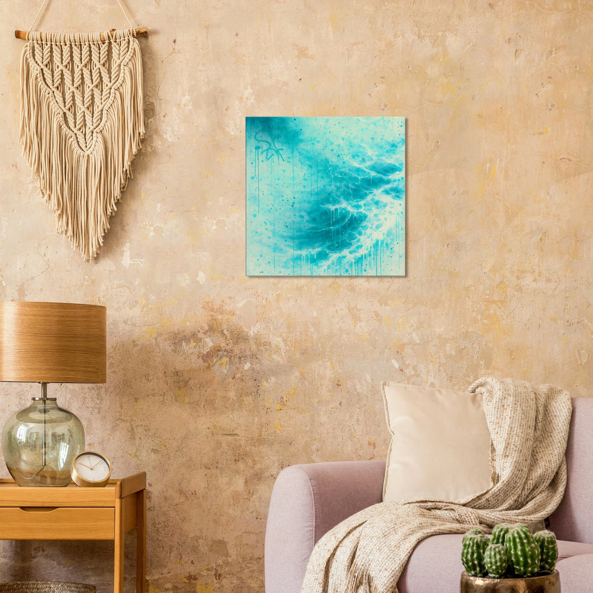 A cozy living room with a beige textured wall, a wooden side table with a glass lamp and a small clock, a pink armchair with a beige pillow and knitted throw, a wall hanging with macramé fringe, a blue abstract painting, and a cactus plant in a pot.