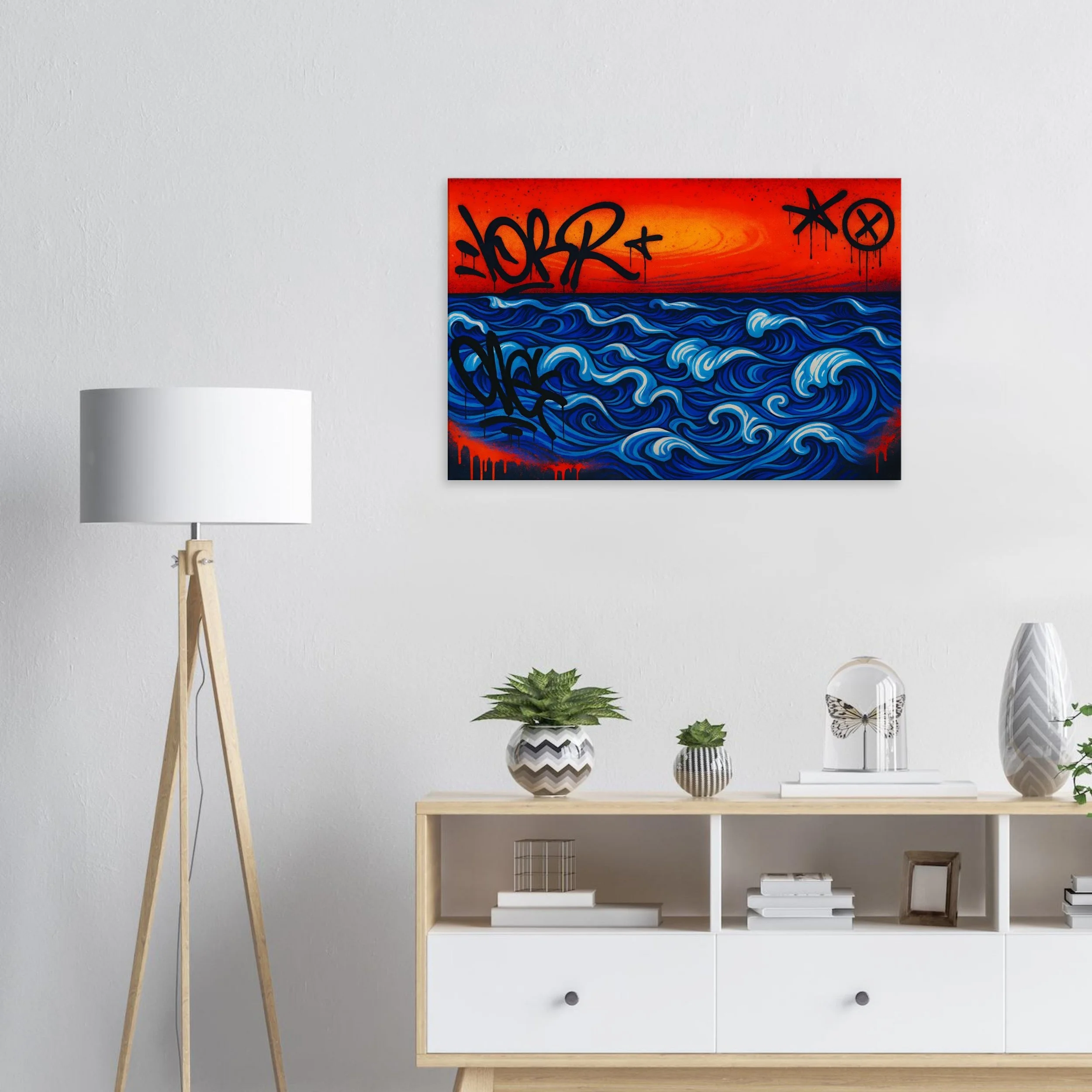 Modern living room with abstract wall art featuring blue waves and red sun, lamp, decorative plants, butterfly decor, and white shelves.