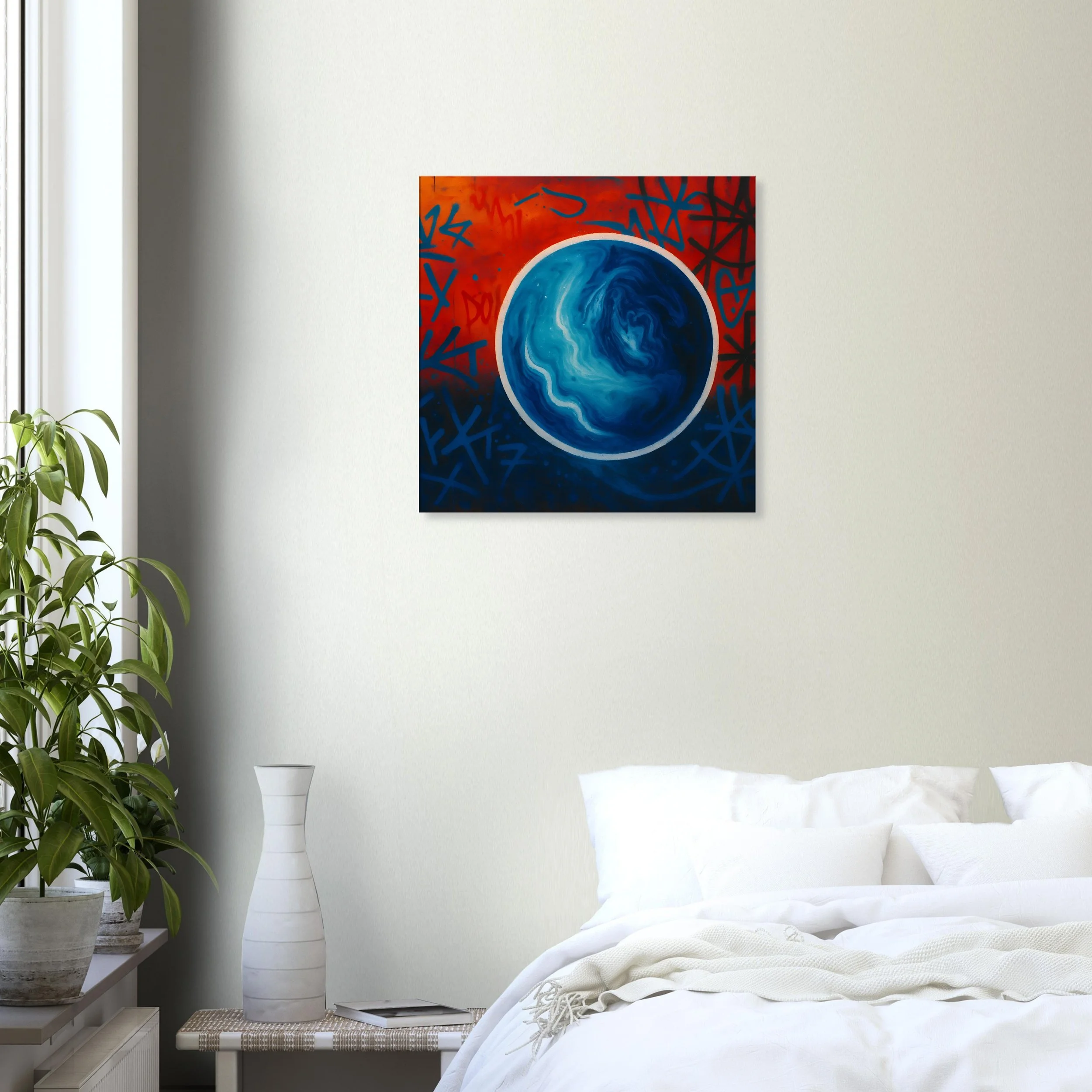 Abstract painting of a globe or Earth against a background of red and blue graffiti art in a minimalistic bedroom.