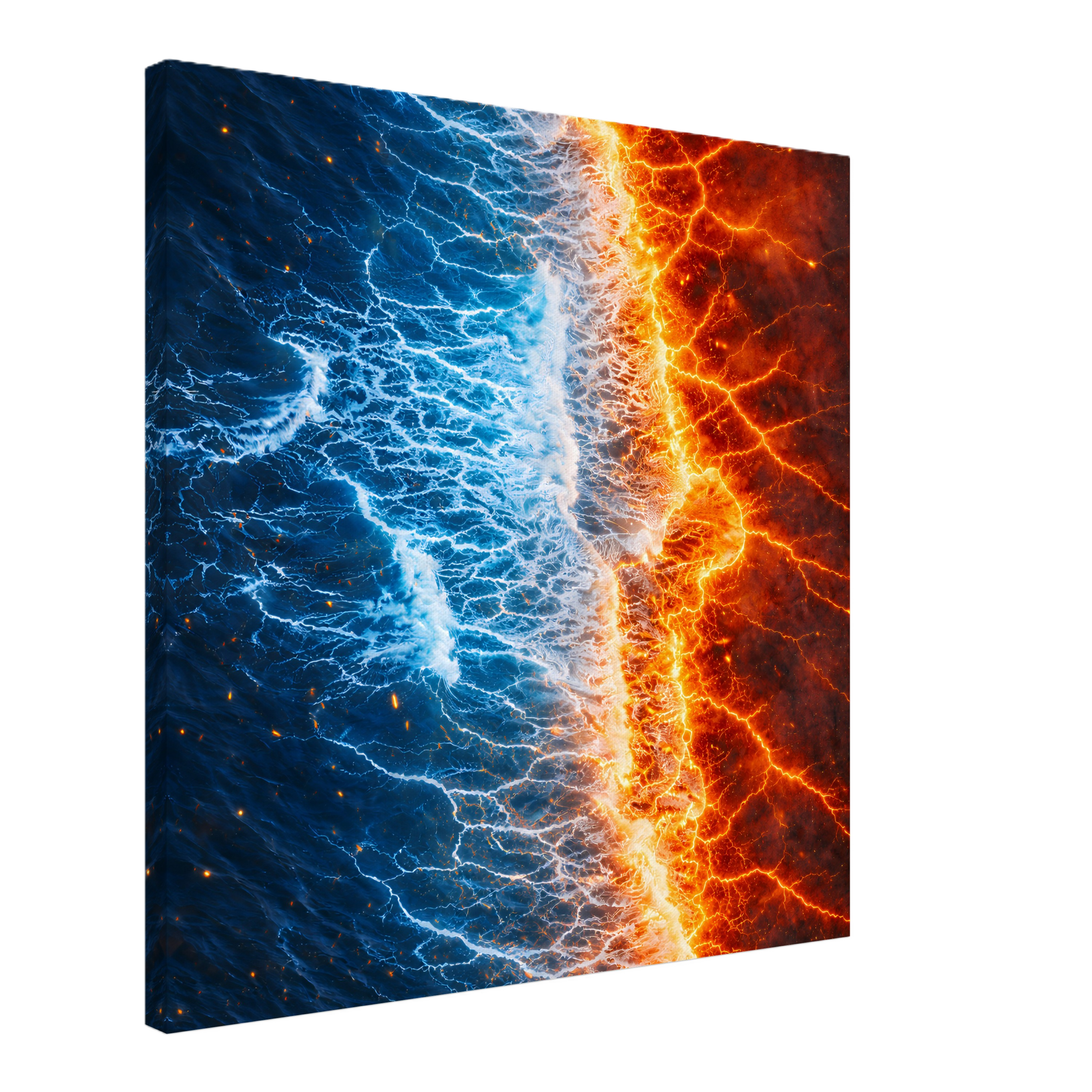 An abstract digital artwork of a stormy sky with lightning, divided into two halves: a blue, stormy side on the left and a fiery, red side on the right.