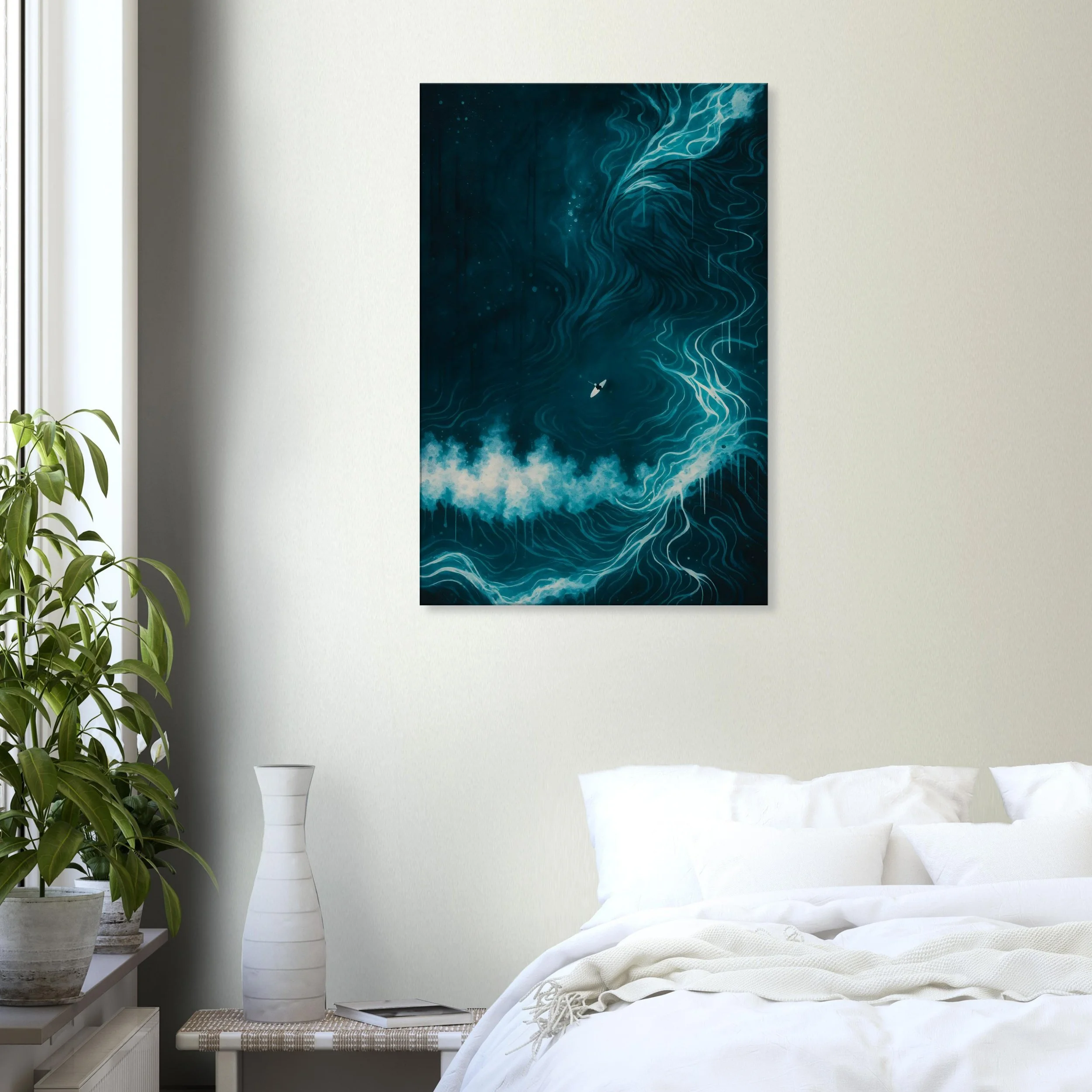 A modern bedroom with a large abstract ocean-themed painting on the wall, a white bed with pillows, a small side table with a book, a tall white vase, and a potted plant near the window.