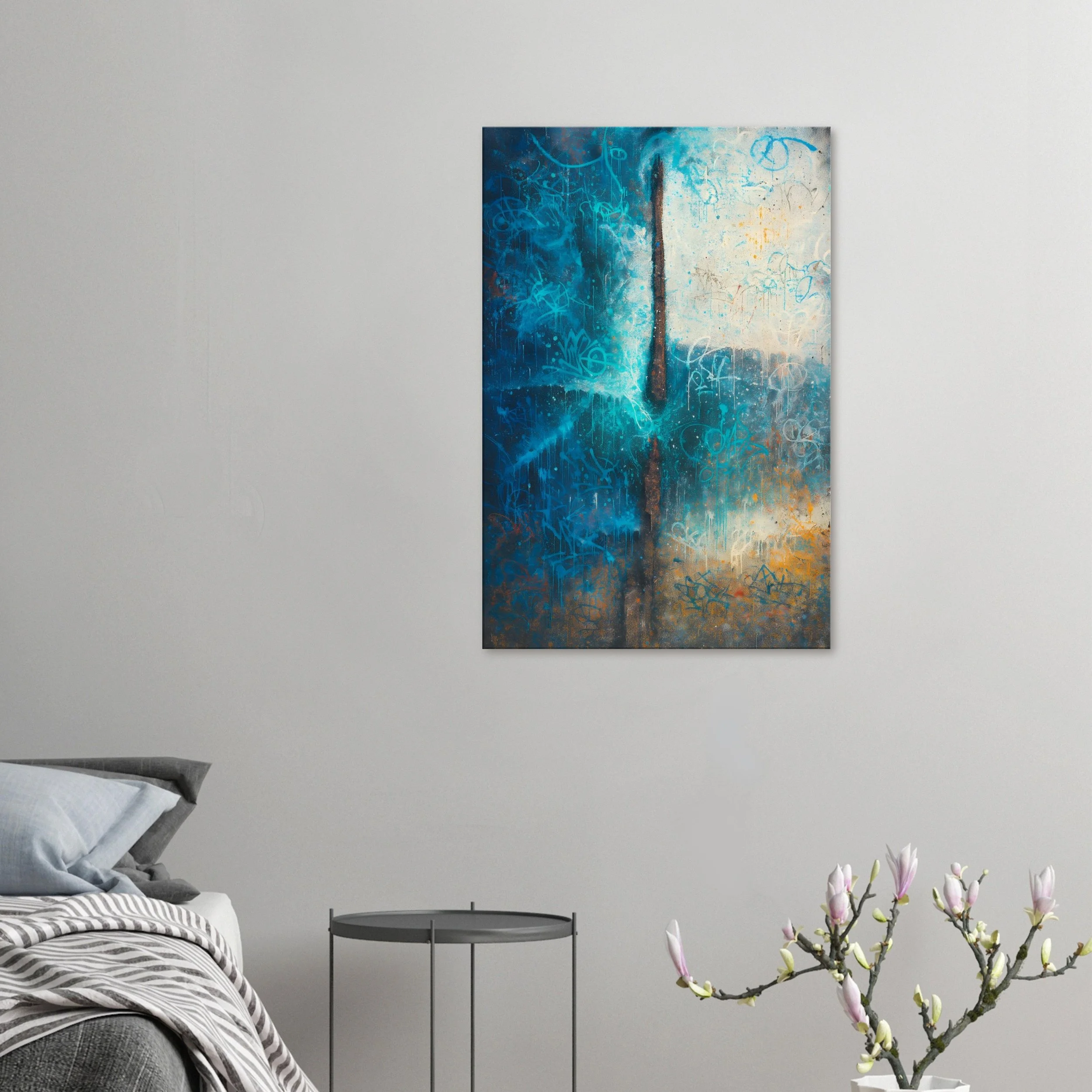 Modern bedroom with a colorful abstract painting on the wall, a bed with pillows, a side table, and a flowering plant.