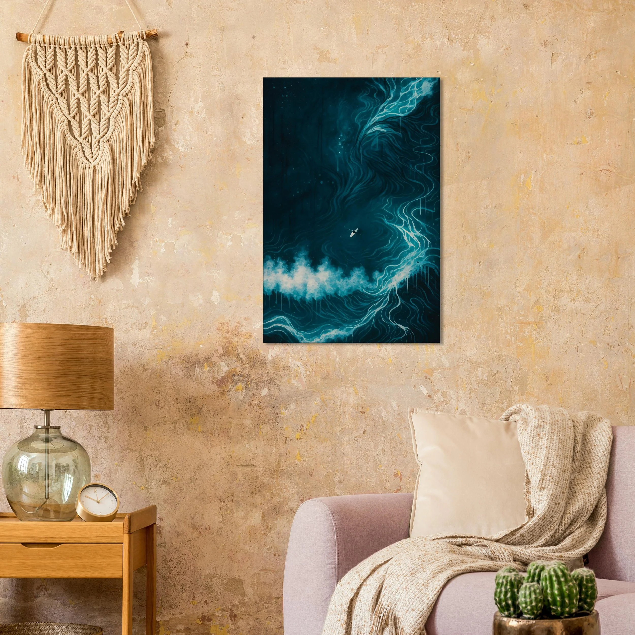 Living room with beige textured wall, macrame wall hanging, abstract blue and white swirling artwork, wooden side table with lamp and clock, pink armchair with cream pillow, beige blanket, and green cacti.