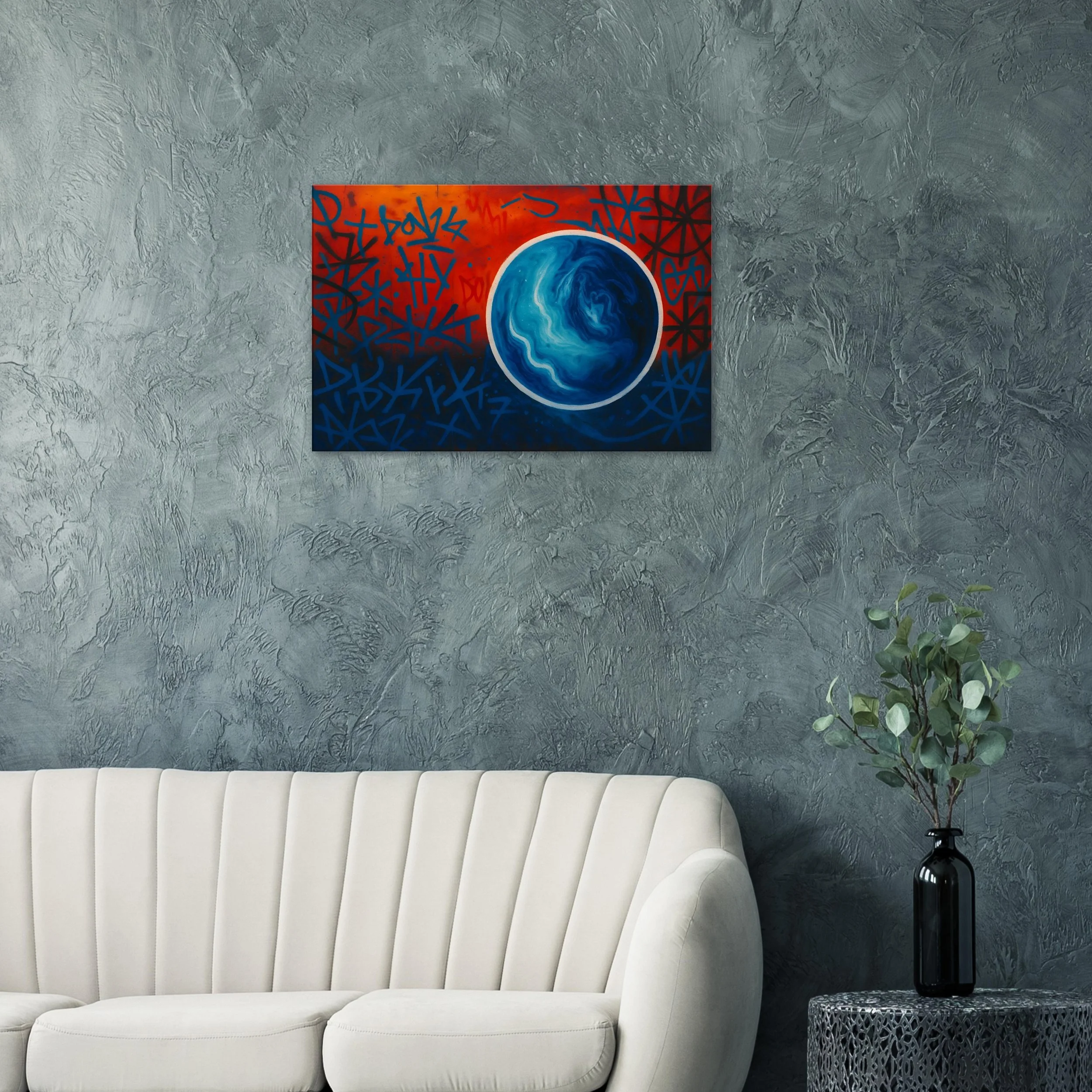 Modern living room with textured gray wall, abstract blue and red painting, white sofa, and black vase with green leafy plant on side table.