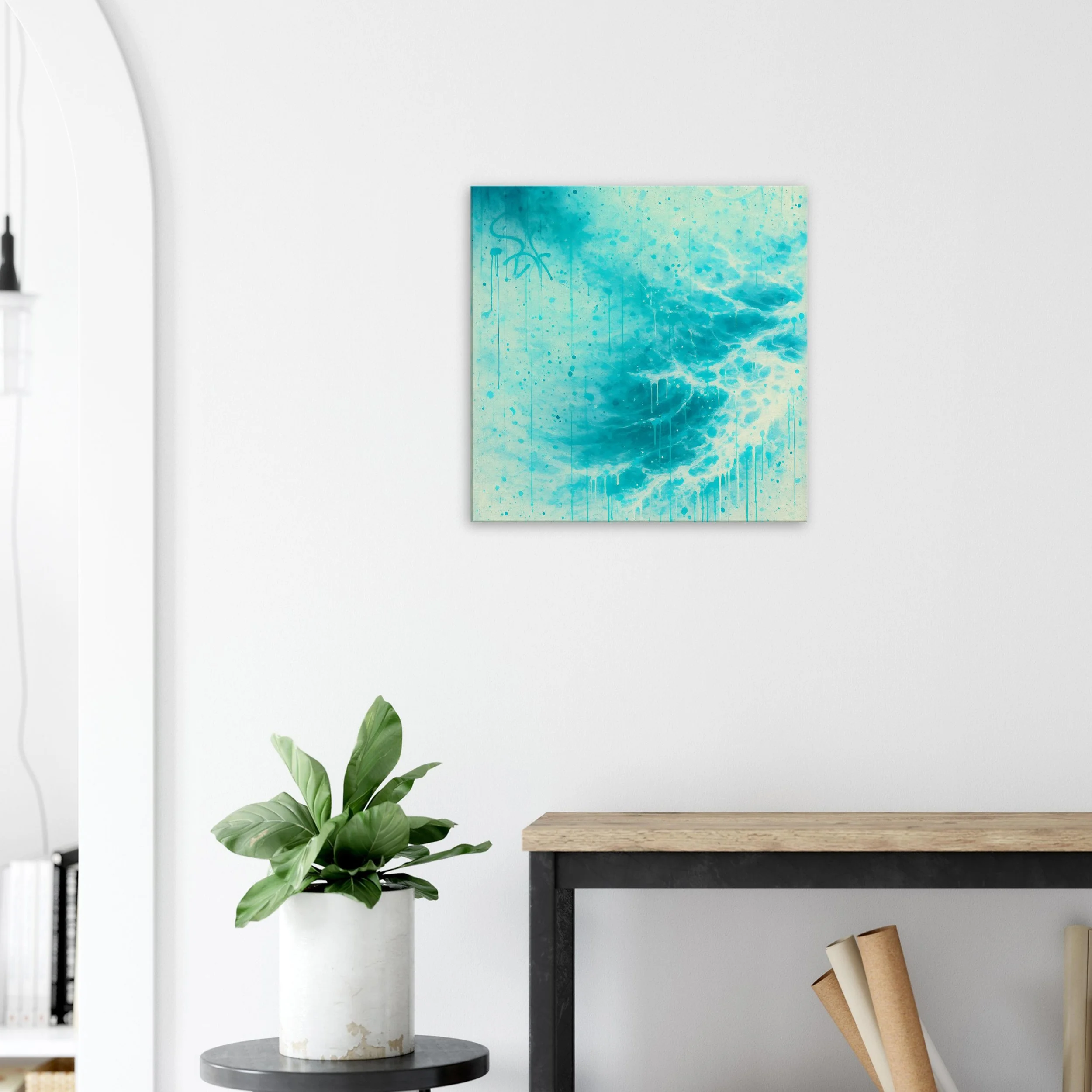 Abstract blue wave painting hanging on a white wall in a modern room.