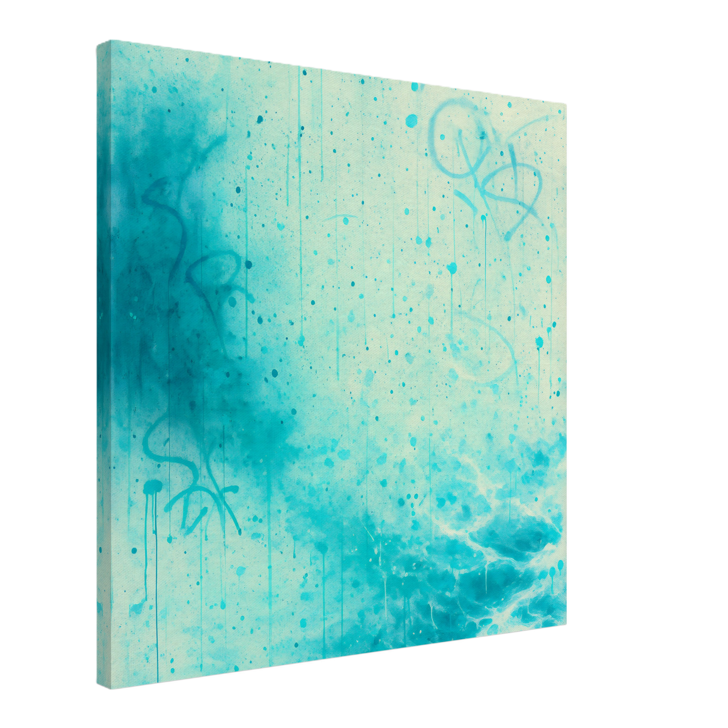 A vertical watercolor painting in shades of blue with abstract splatters and swirling lines.