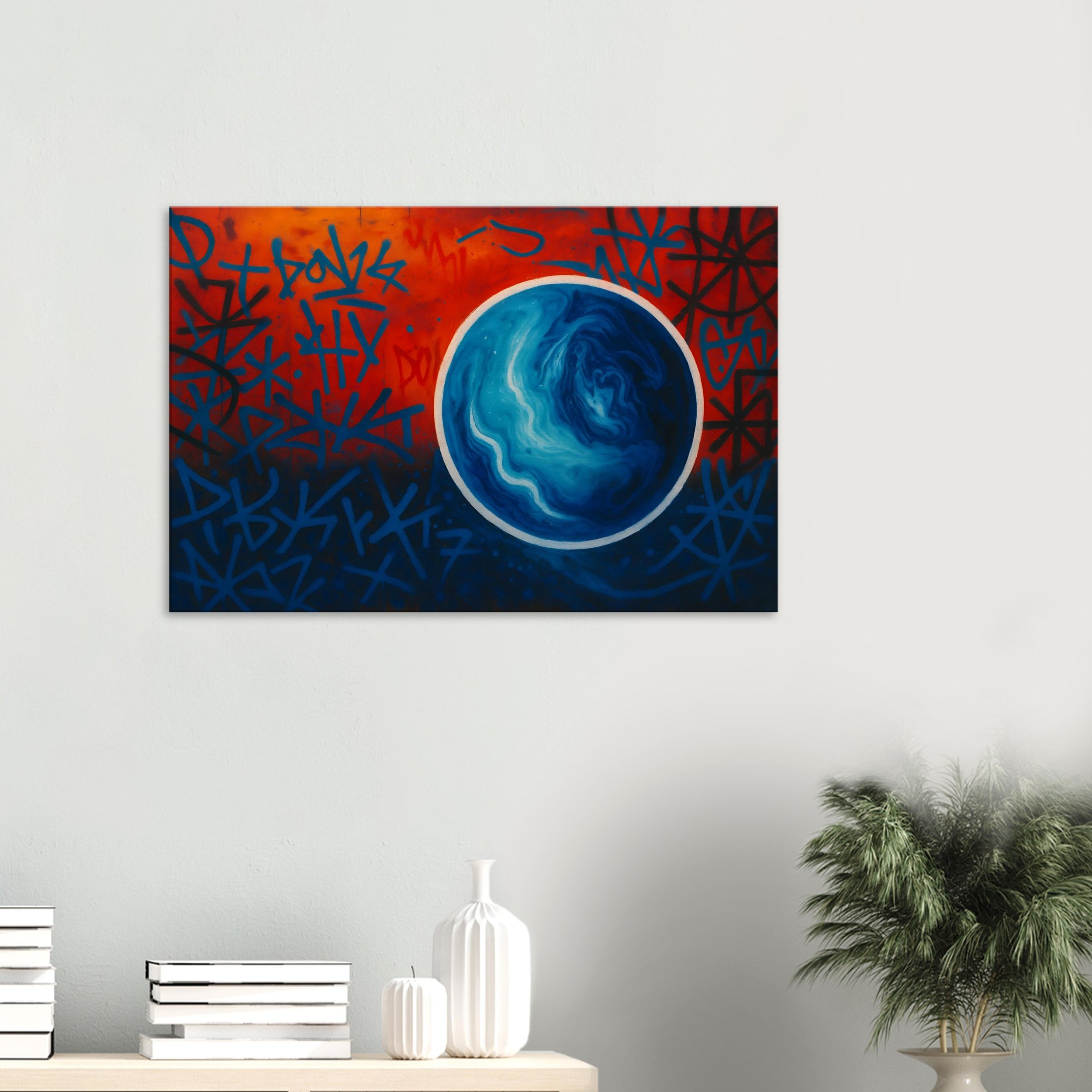 Abstract painting featuring a swirling blue and white Earth surrounded by graffiti-style red and blue patterns on a red background.