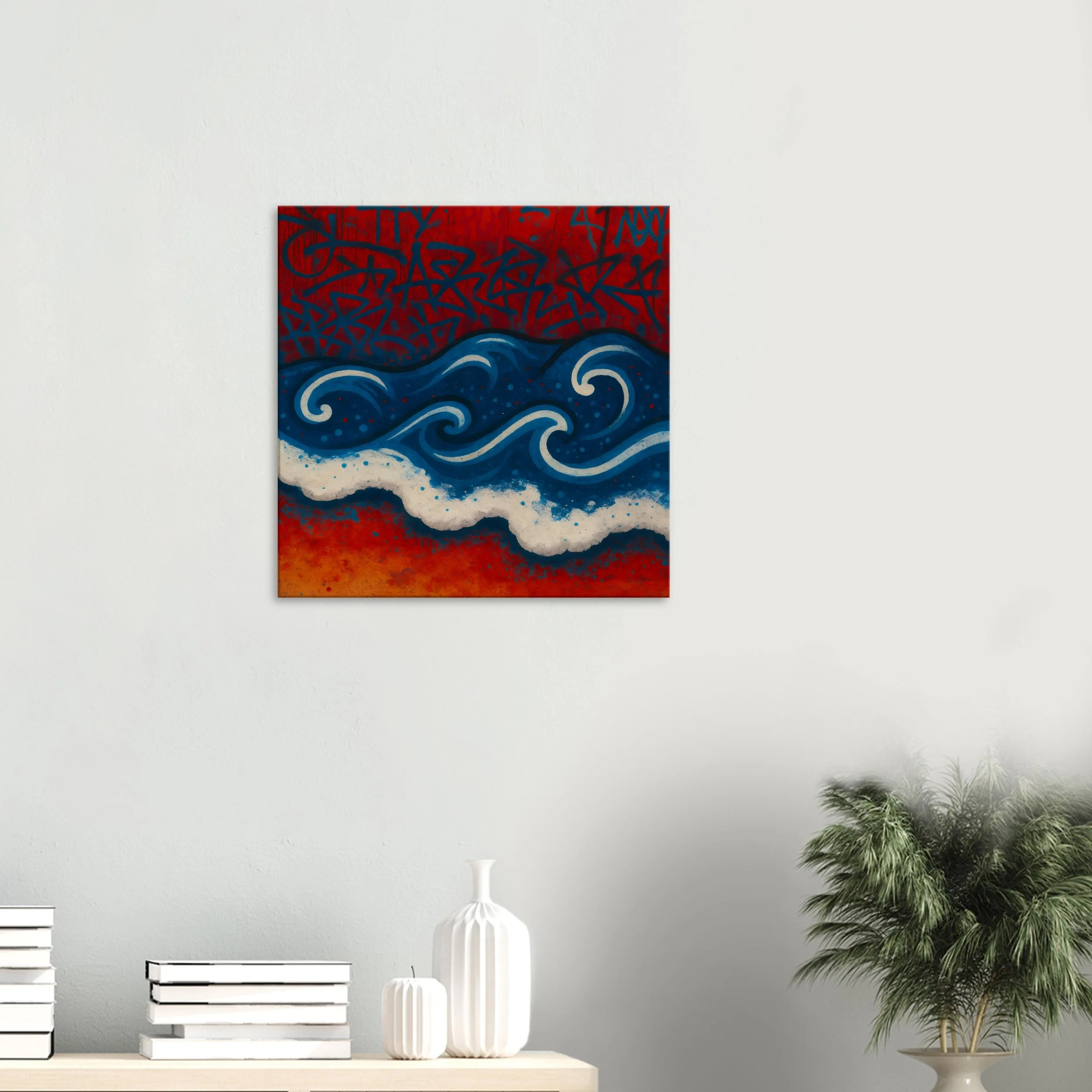 A square abstract painting of ocean waves in blue, white, and red tones, with red and black graffiti-style markings at the top, hanging on a white wall.