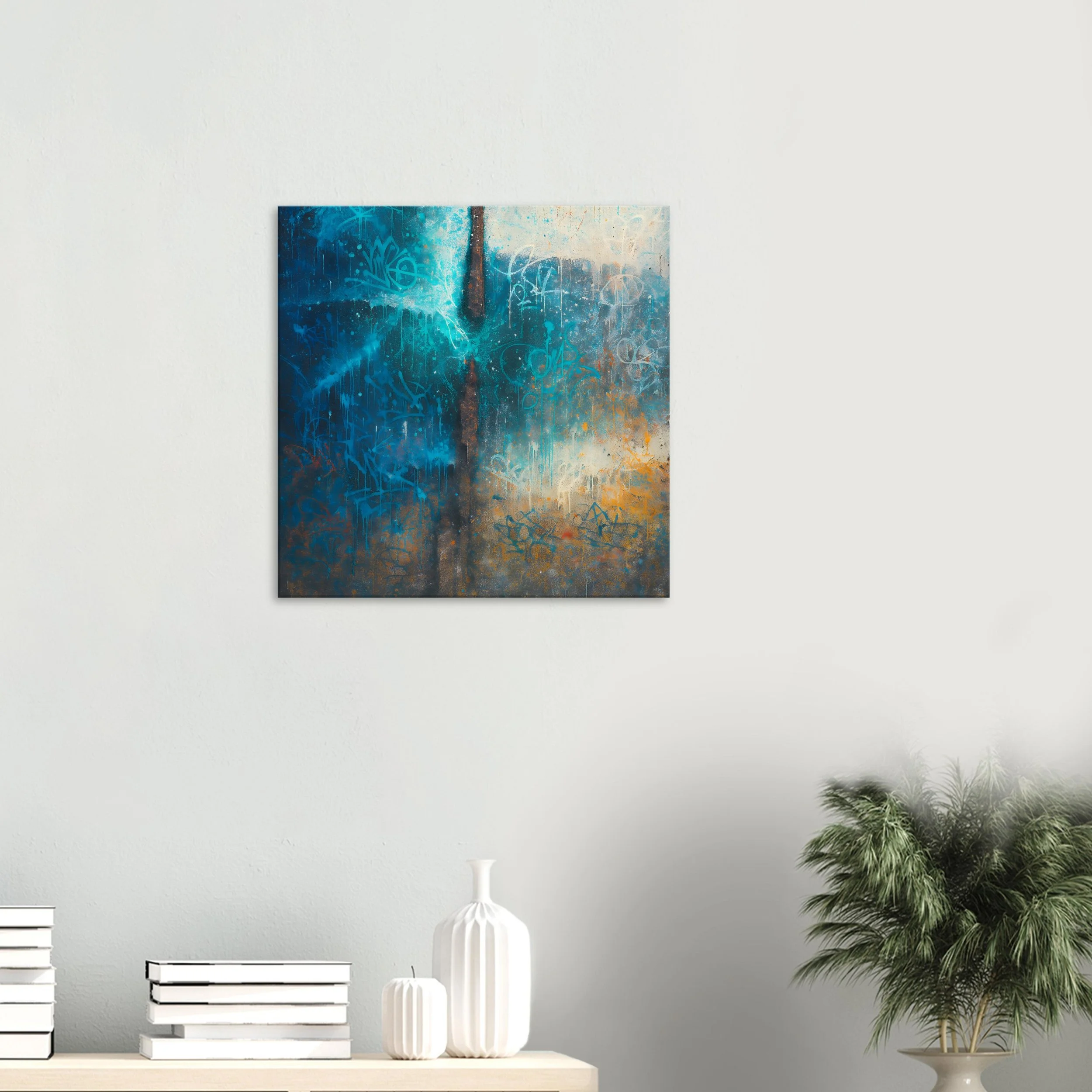 Abstract graffiti art painting with blue, orange, and black colors on a white wall.