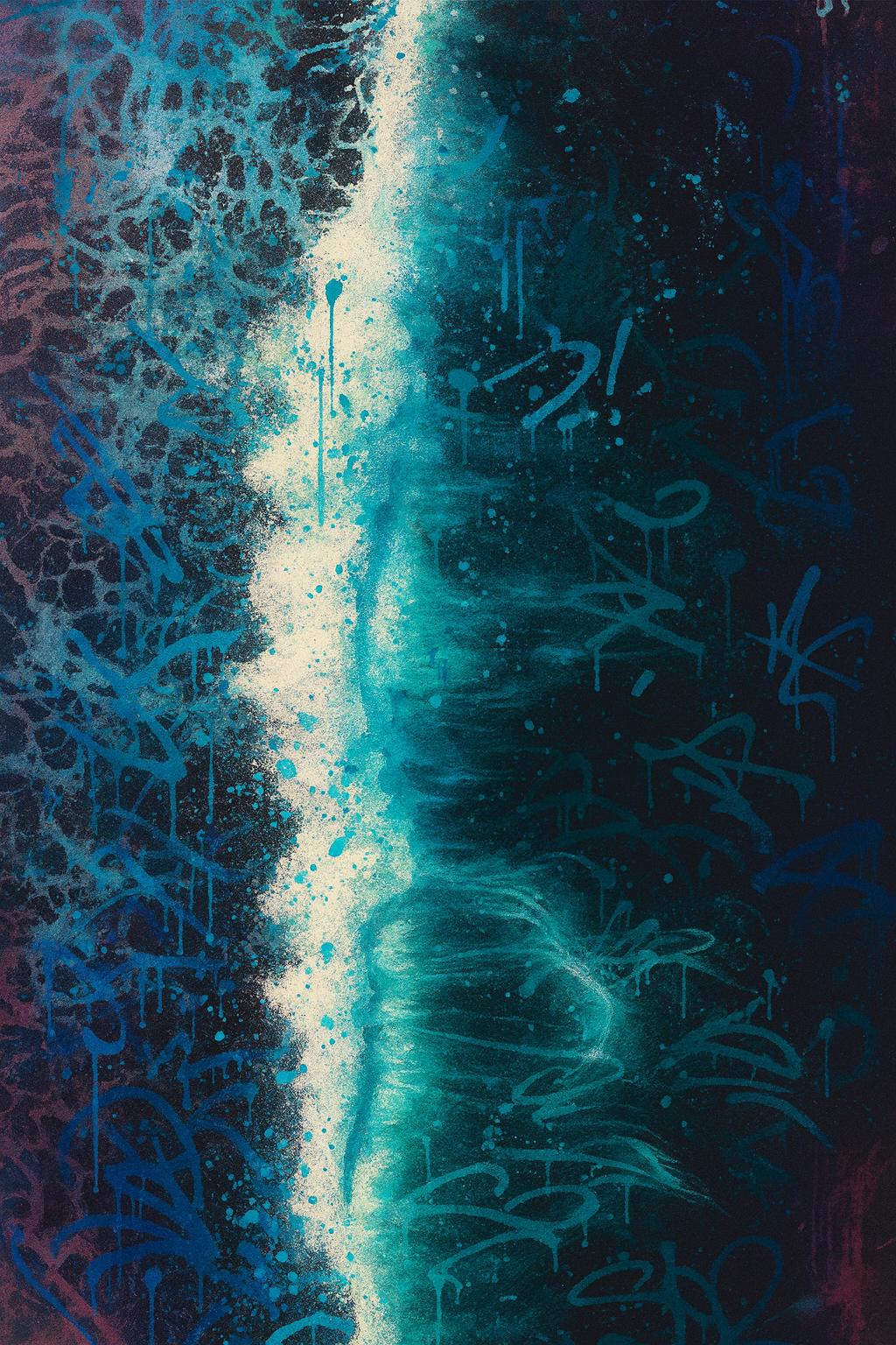 Abstract street art featuring blue and teal spray paint splatters and graffiti tags on a dark background.