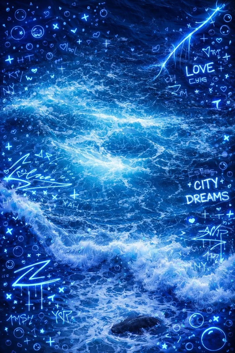 A digital illustration of ocean waves with glowing blue doodles and words like 'LOVE,' 'CITY,' and 'DREAMS' written in the water. The scene has a vibrant, neon-like appearance with various symbols, arrows, and scribbles surrounding the waves.